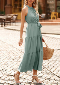 PRETTYGARDEN Women's Summer Floral Maxi Sun Dress Sleeveless Halter Neck Flowy Ruffle Hem Long Boho Dresses with Belt PRETTYGARDEN