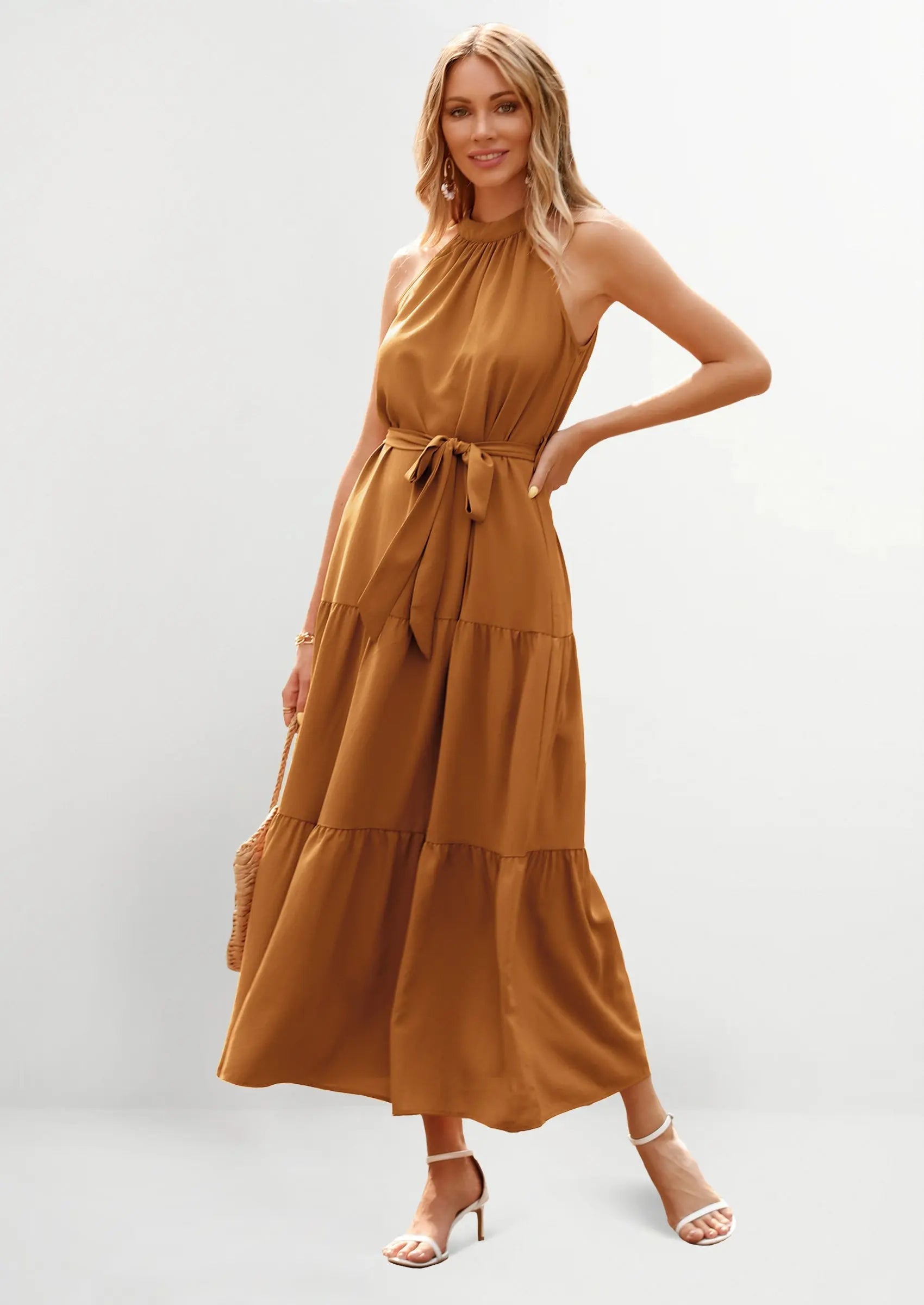 PRETTYGARDEN Women's Summer Floral Maxi Sun Dress Sleeveless Halter Neck Flowy Ruffle Hem Long Boho Dresses with Belt PRETTYGARDEN