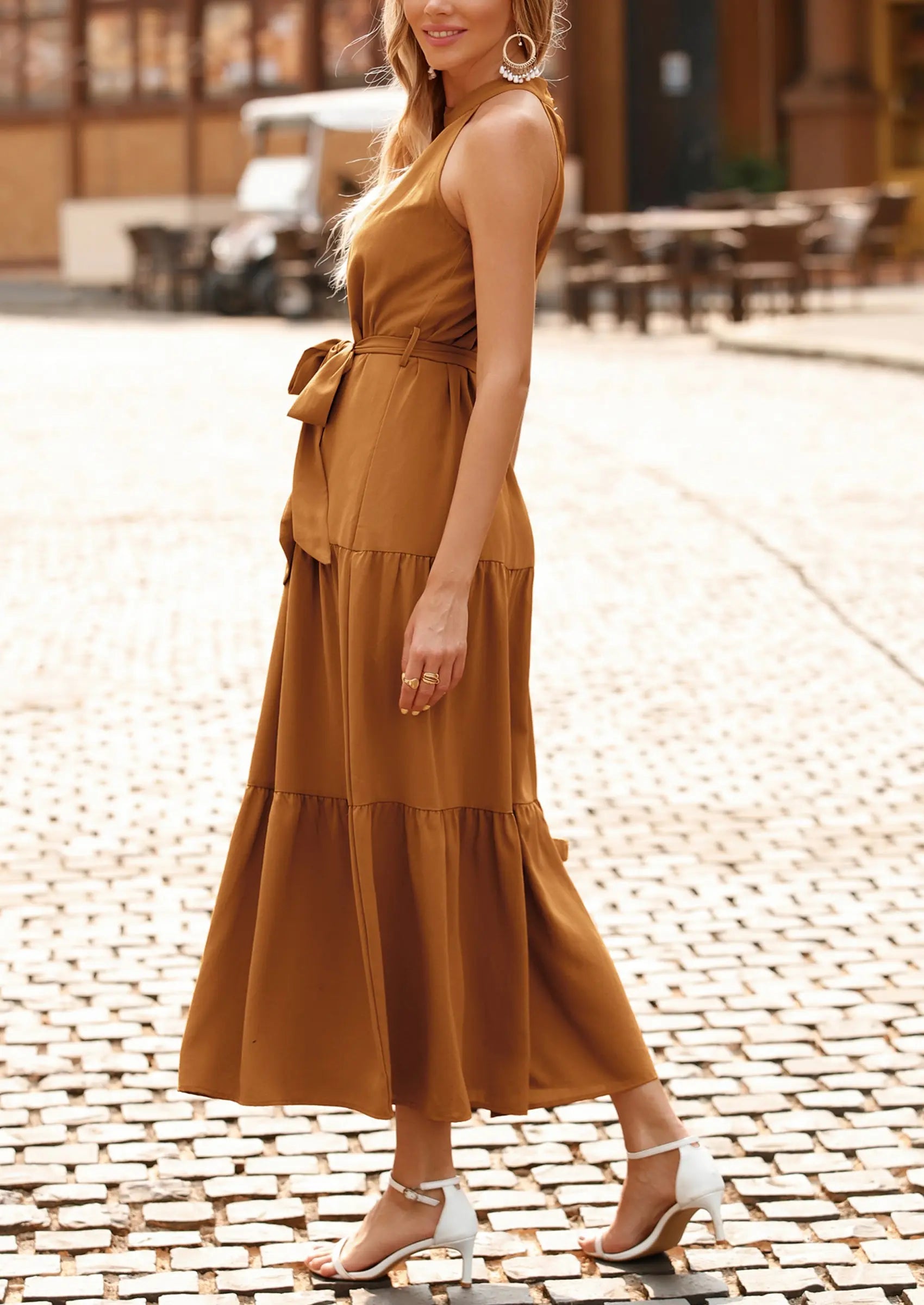 PRETTYGARDEN Women's Summer Floral Maxi Sun Dress Sleeveless Halter Neck Flowy Ruffle Hem Long Boho Dresses with Belt PRETTYGARDEN