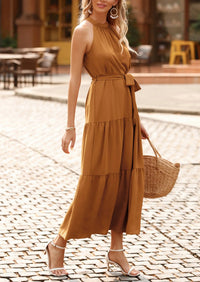 PRETTYGARDEN Women's Summer Floral Maxi Sun Dress Sleeveless Halter Neck Flowy Ruffle Hem Long Boho Dresses with Belt PRETTYGARDEN