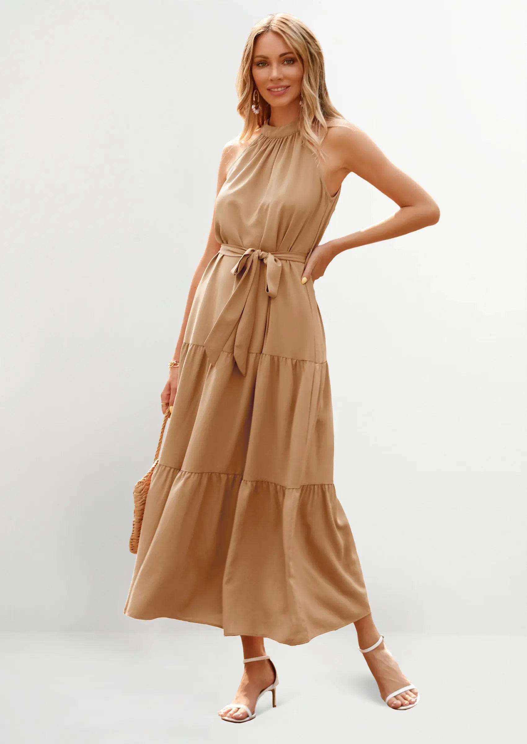 PRETTYGARDEN Women's Summer Floral Maxi Sun Dress Sleeveless Halter Neck Flowy Ruffle Hem Long Boho Dresses with Belt PRETTYGARDEN