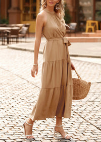 PRETTYGARDEN Women's Summer Floral Maxi Sun Dress Sleeveless Halter Neck Flowy Ruffle Hem Long Boho Dresses with Belt PRETTYGARDEN