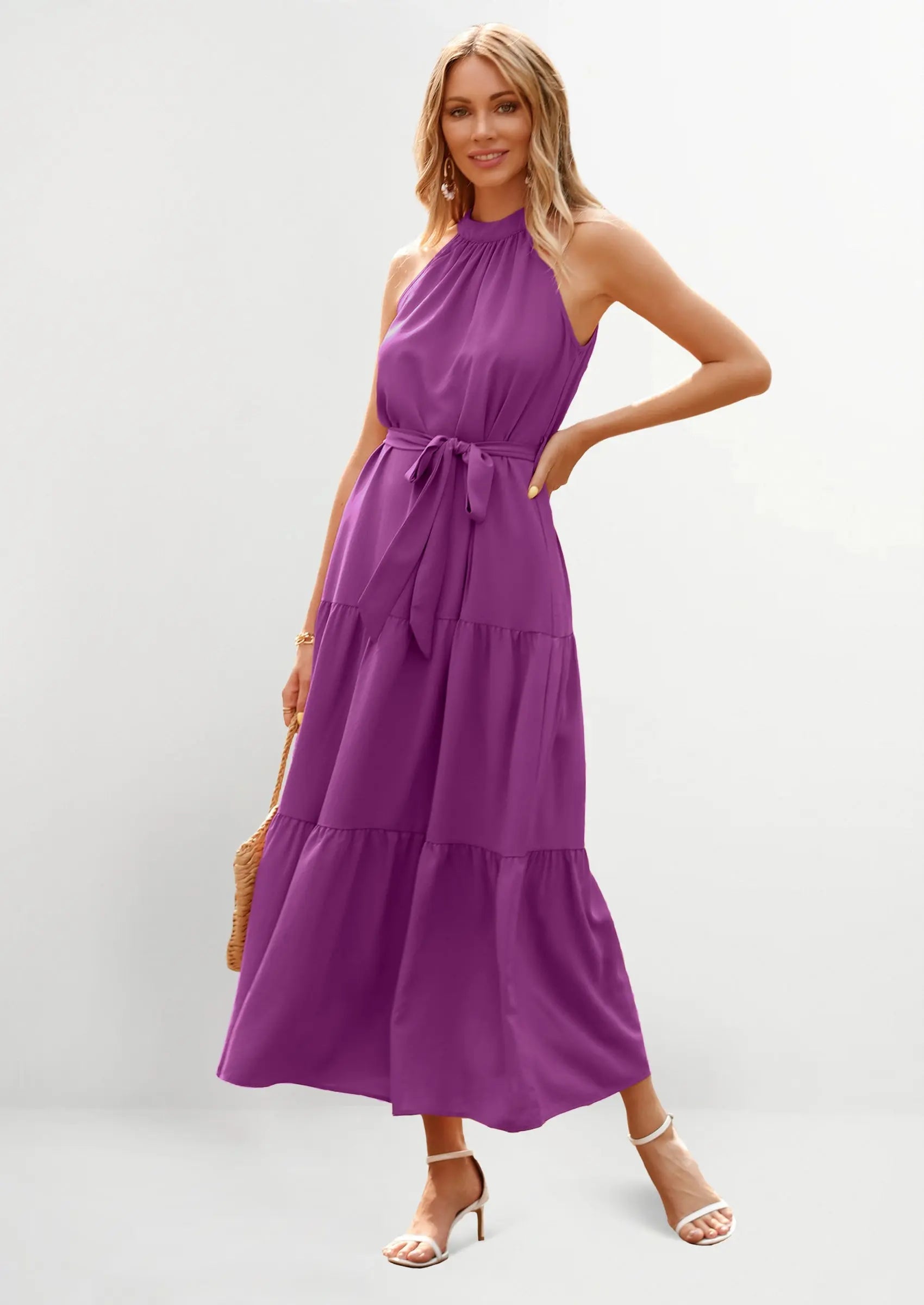 PRETTYGARDEN Women's Summer Floral Maxi Sun Dress Sleeveless Halter Neck Flowy Ruffle Hem Long Boho Dresses with Belt PRETTYGARDEN