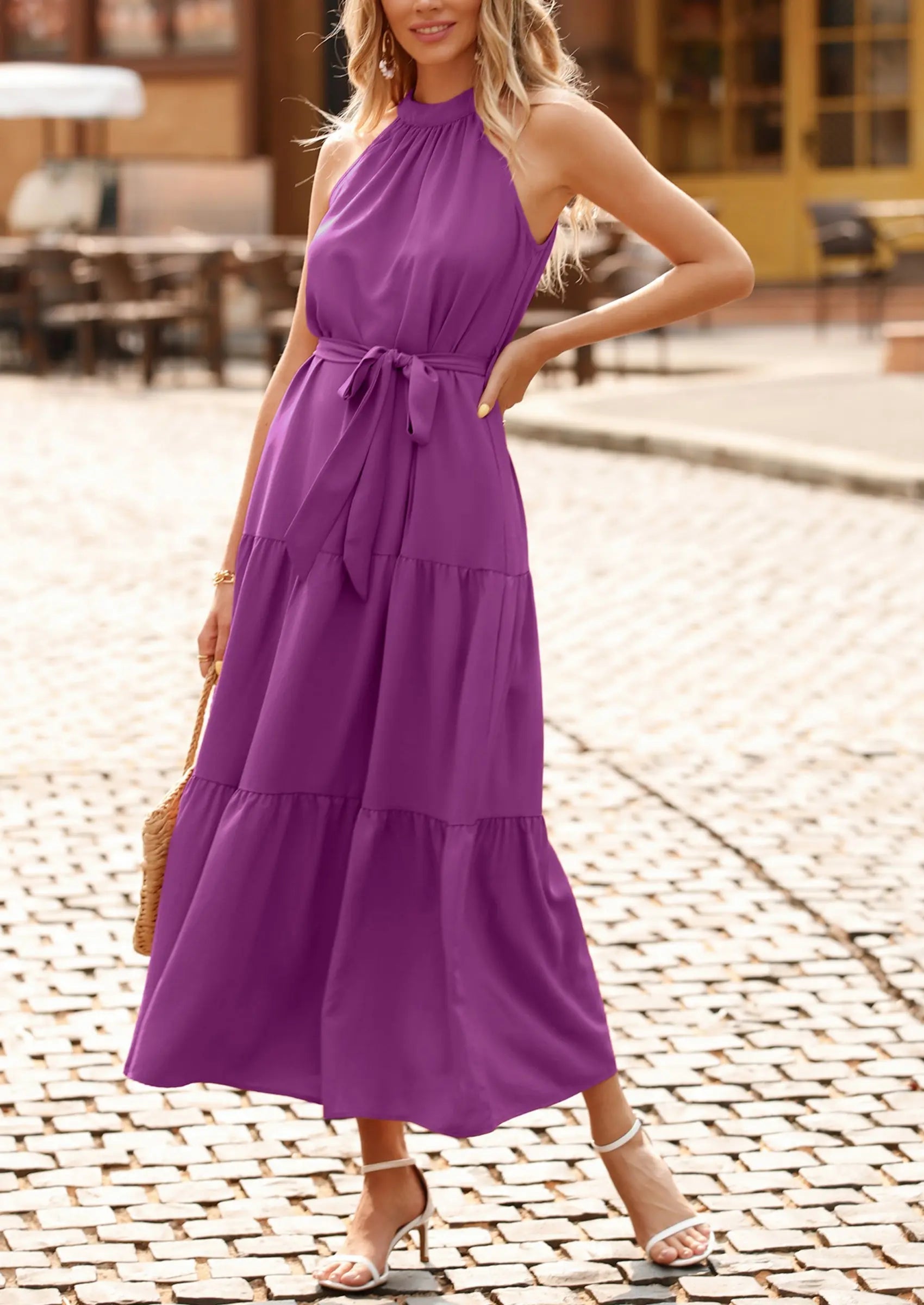 PRETTYGARDEN Women's Summer Floral Maxi Sun Dress Sleeveless Halter Neck Flowy Ruffle Hem Long Boho Dresses with Belt PRETTYGARDEN