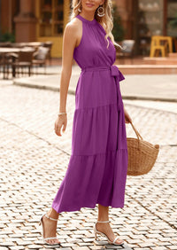 PRETTYGARDEN Women's Summer Floral Maxi Sun Dress Sleeveless Halter Neck Flowy Ruffle Hem Long Boho Dresses with Belt PRETTYGARDEN