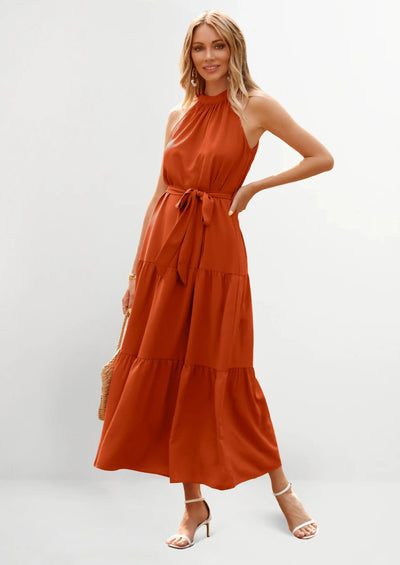 PRETTYGARDEN Women's Summer Floral Maxi Sun Dress Sleeveless Halter Neck Flowy Ruffle Hem Long Boho Dresses with Belt PRETTYGARDEN