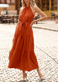 PRETTYGARDEN Women's Summer Floral Maxi Sun Dress Sleeveless Halter Neck Flowy Ruffle Hem Long Boho Dresses with Belt PRETTYGARDEN