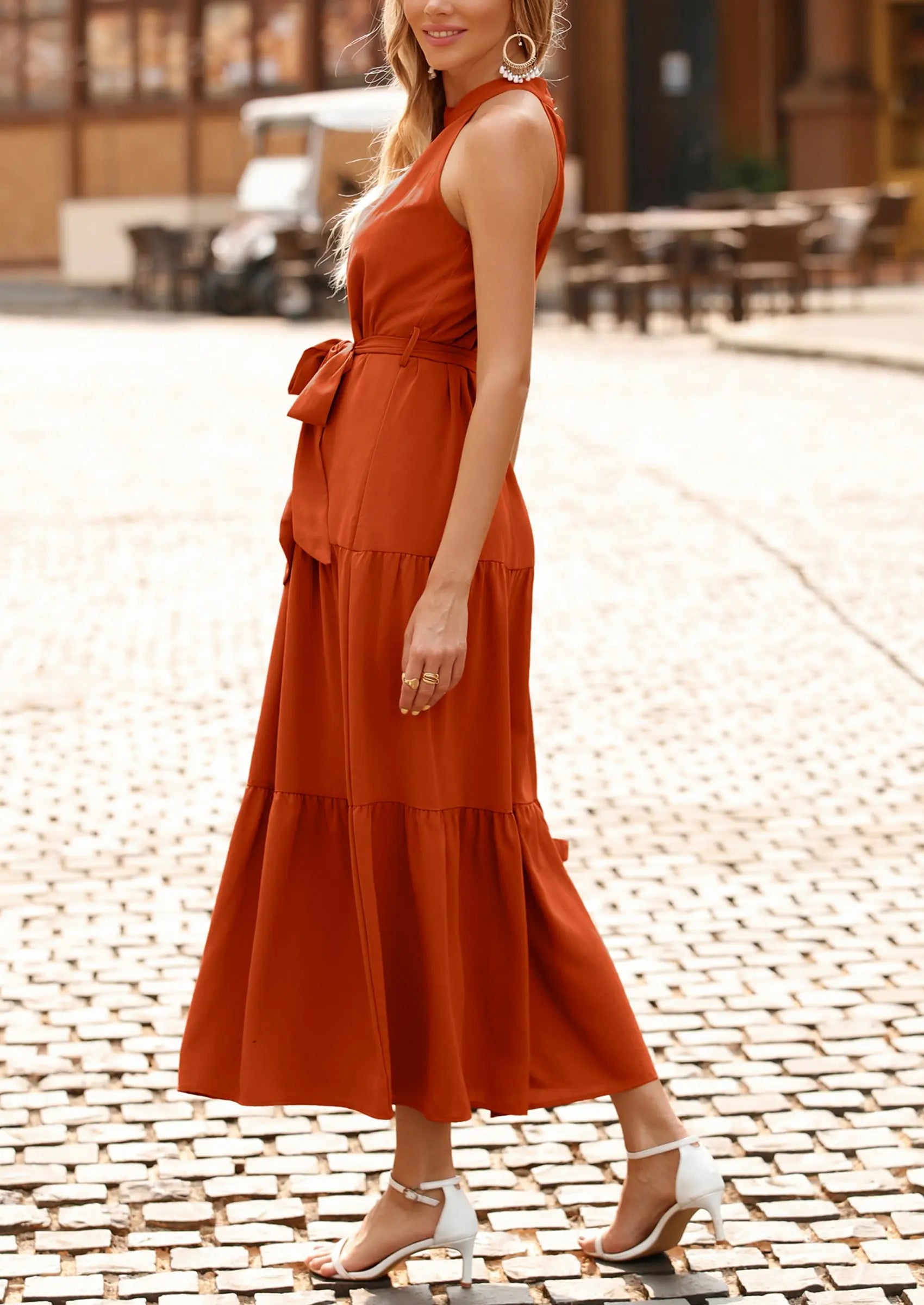 PRETTYGARDEN Women's Summer Floral Maxi Sun Dress Sleeveless Halter Neck Flowy Ruffle Hem Long Boho Dresses with Belt PRETTYGARDEN