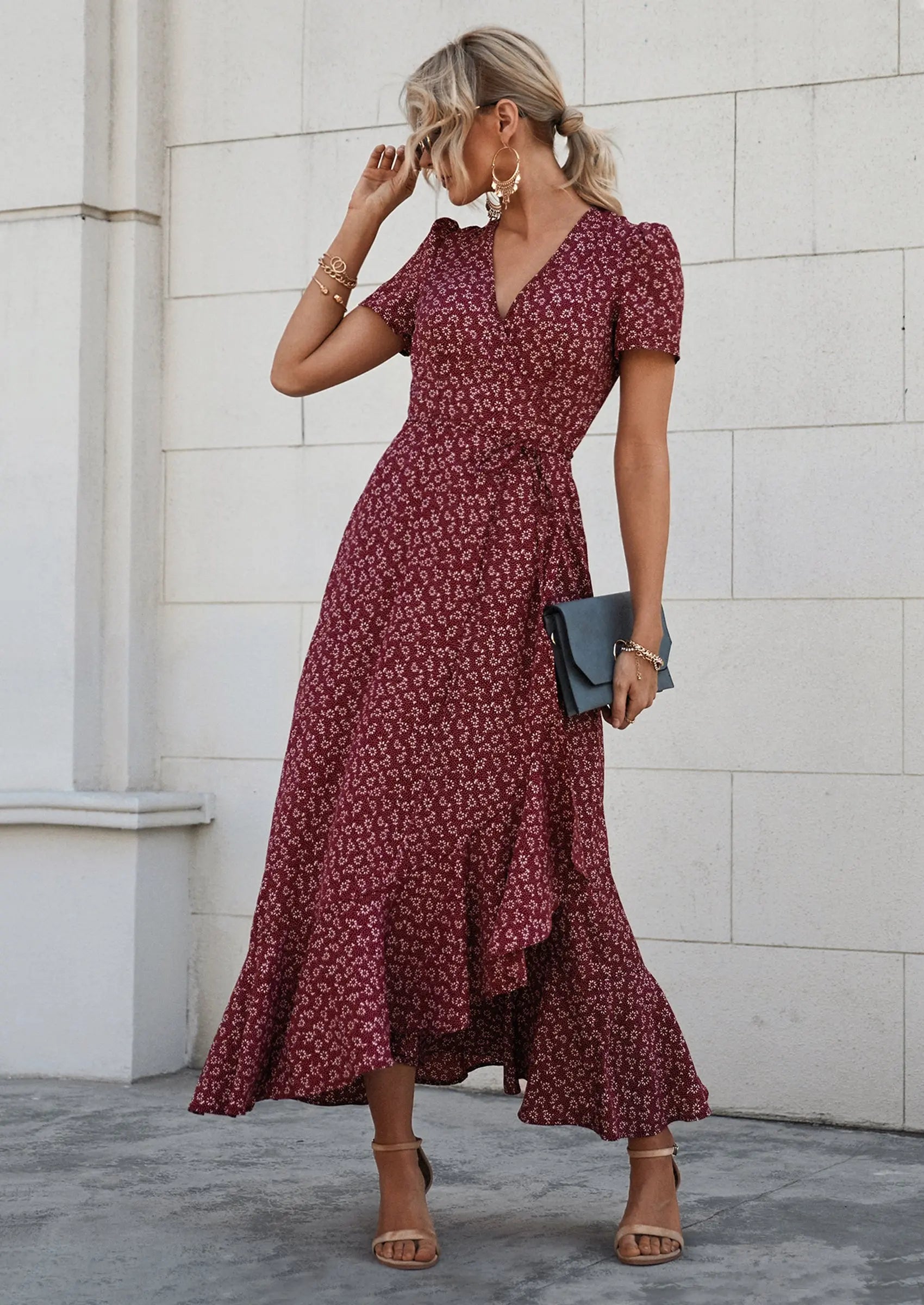 Polka Dot/ Floral V Neck Short Sleeve Wrap Ruffle Hem Split Long Dresses freeshipping - PRETTYGARDEN Polka Dot/ Floral V Neck Short Sleeve Wrap Ruffle Hem Split Long Dresses freeshipping - PRETTYGARDEN