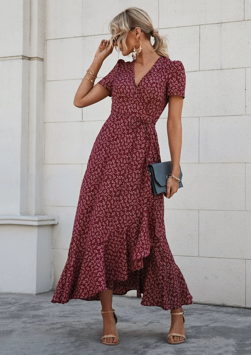 PRETTYGARDEN Women's Summer Maxi Dress Casual Wrap Floral Boho Short Sleeve V Neck Split Ruffle Beach Long Dresses PRETTYGARDEN