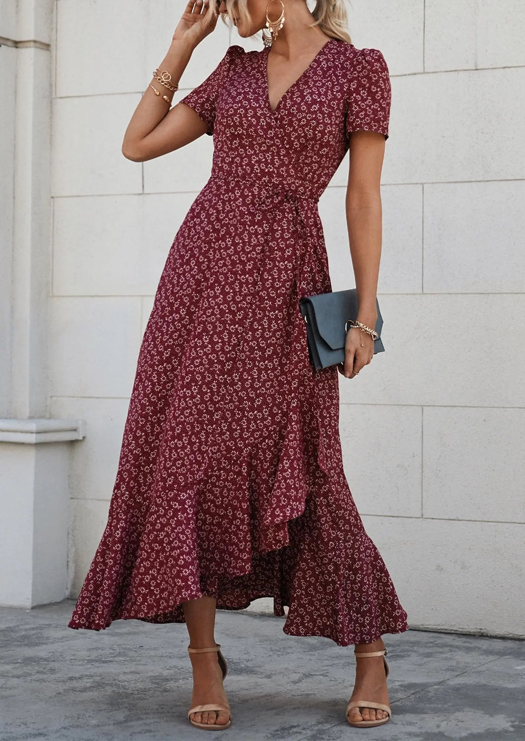 Polka Dot/ Floral V Neck Short Sleeve Wrap Ruffle Hem Split Long Dresses freeshipping - PRETTYGARDEN Polka Dot/ Floral V Neck Short Sleeve Wrap Ruffle Hem Split Long Dresses freeshipping - PRETTYGARDEN