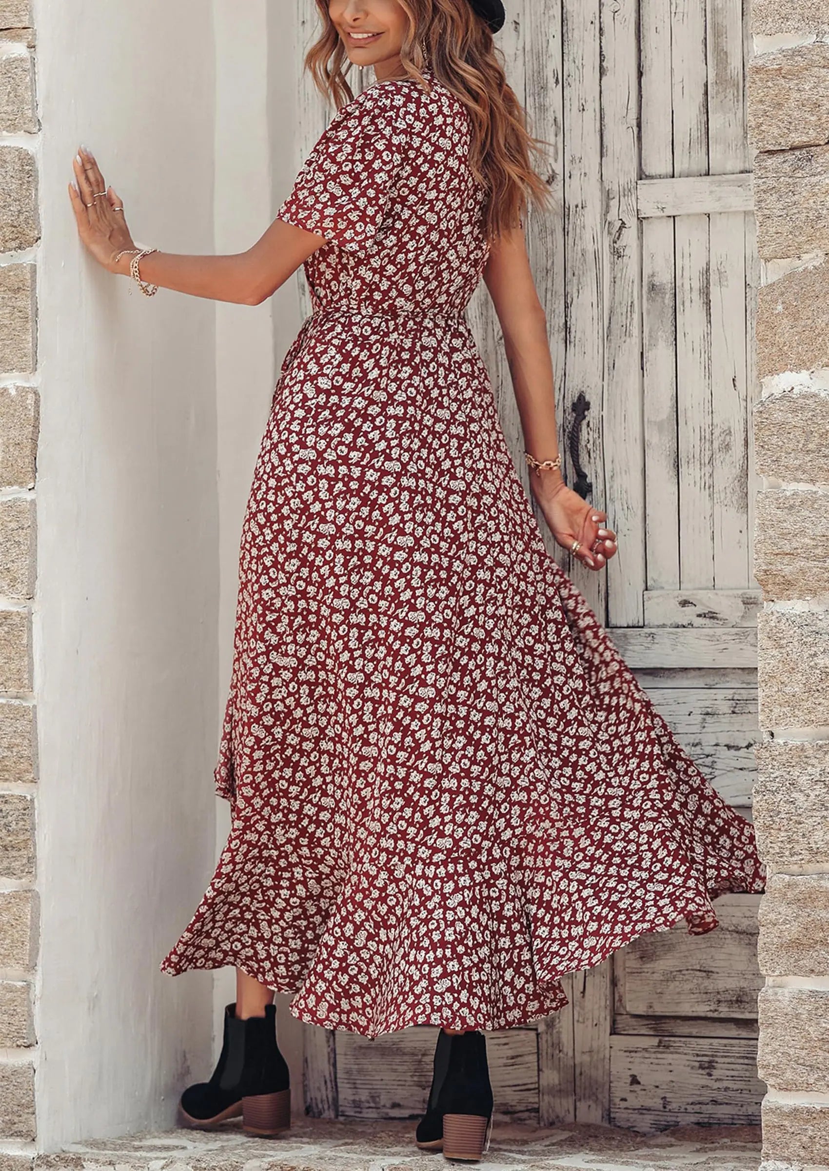 Polka Dot/ Floral V Neck Short Sleeve Wrap Ruffle Hem Split Long Dresses freeshipping - PRETTYGARDEN Polka Dot/ Floral V Neck Short Sleeve Wrap Ruffle Hem Split Long Dresses freeshipping - PRETTYGARDEN