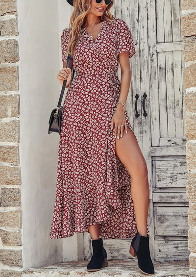 PRETTYGARDEN Women's Summer Maxi Dress Casual Wrap Floral Boho Short Sleeve V Neck Split Ruffle Beach Long Dresses PRETTYGARDEN