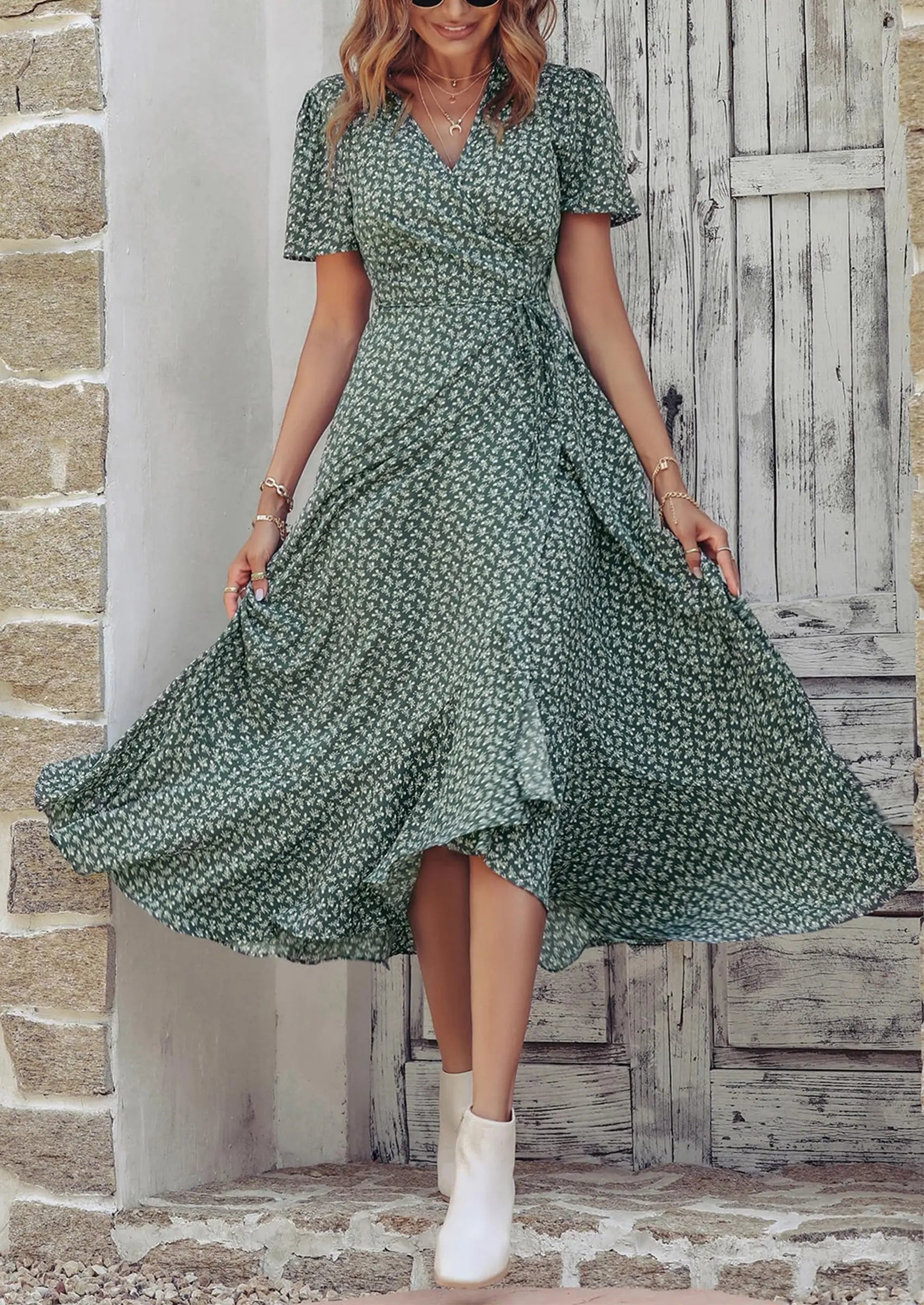 PRETTYGARDEN Women's Summer Maxi Dress Casual Wrap Floral Boho Short Sleeve V Neck Split Ruffle Beach Long Dresses PRETTYGARDEN