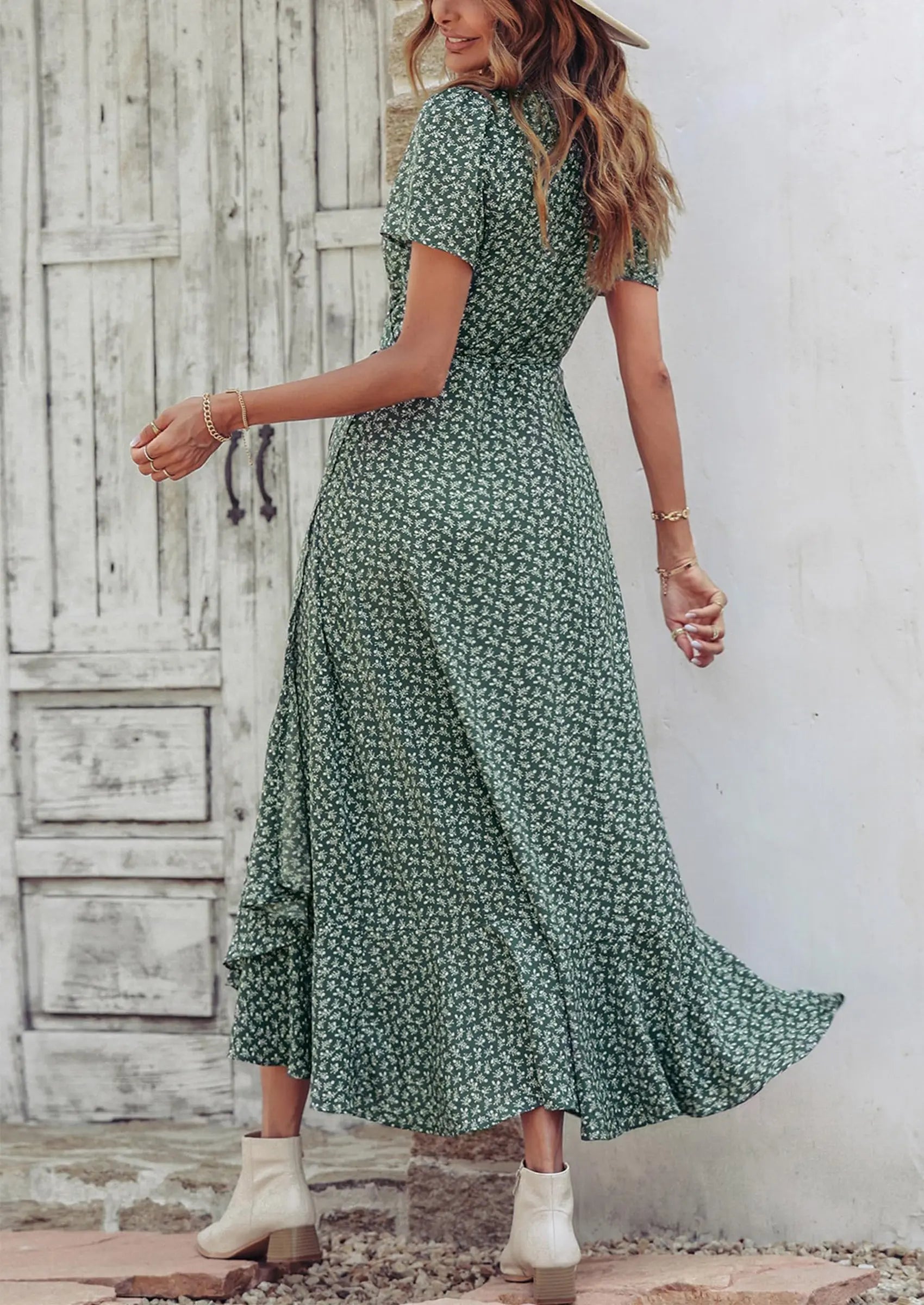 PRETTYGARDEN Women's Summer Maxi Dress Casual Wrap Floral Boho Short Sleeve V Neck Split Ruffle Beach Long Dresses PRETTYGARDEN