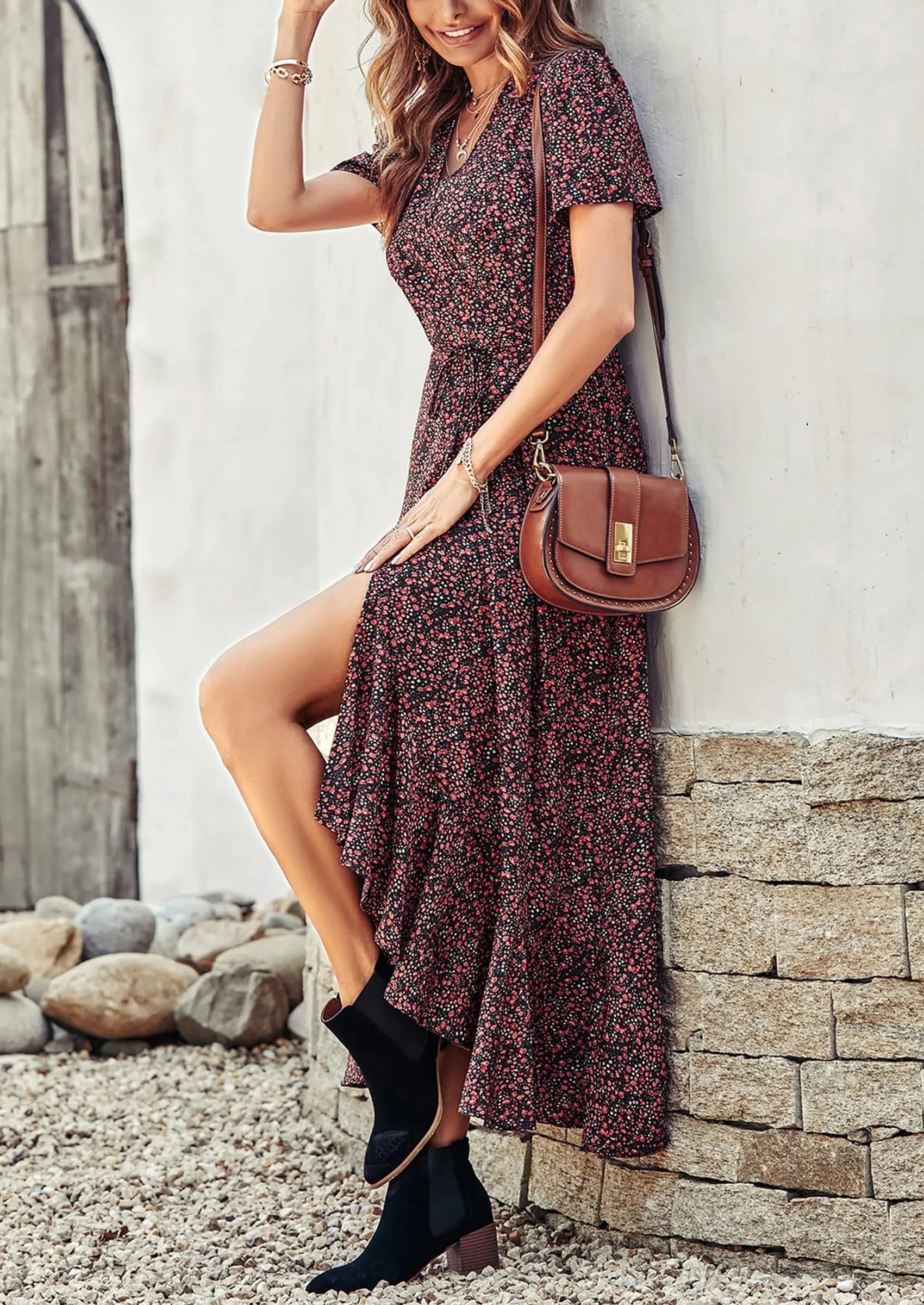 PRETTYGARDEN Women's Summer Maxi Dress Casual Wrap Floral Boho Short Sleeve V Neck Split Ruffle Beach Long Dresses PRETTYGARDEN