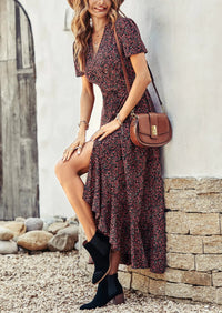 PRETTYGARDEN Women's Summer Maxi Dress Casual Wrap Floral Boho Short Sleeve V Neck Split Ruffle Beach Long Dresses PRETTYGARDEN