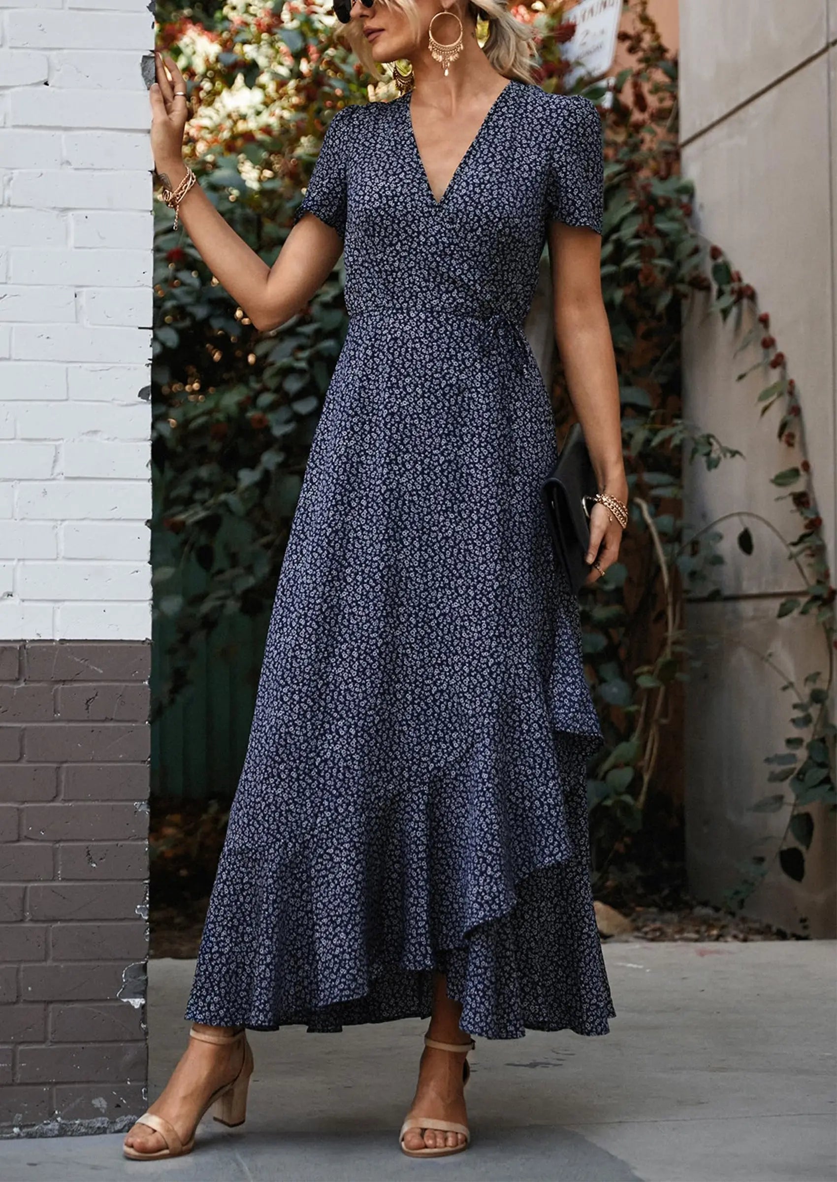 PRETTYGARDEN Women's Summer Maxi Dress Casual Wrap Floral Boho Short Sleeve V Neck Split Ruffle Beach Long Dresses PRETTYGARDEN