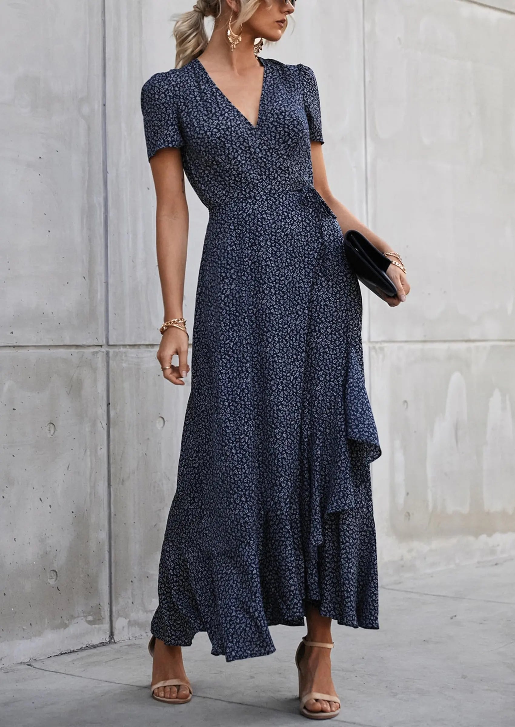 PRETTYGARDEN Women's Summer Maxi Dress Casual Wrap Floral Boho Short Sleeve V Neck Split Ruffle Beach Long Dresses PRETTYGARDEN