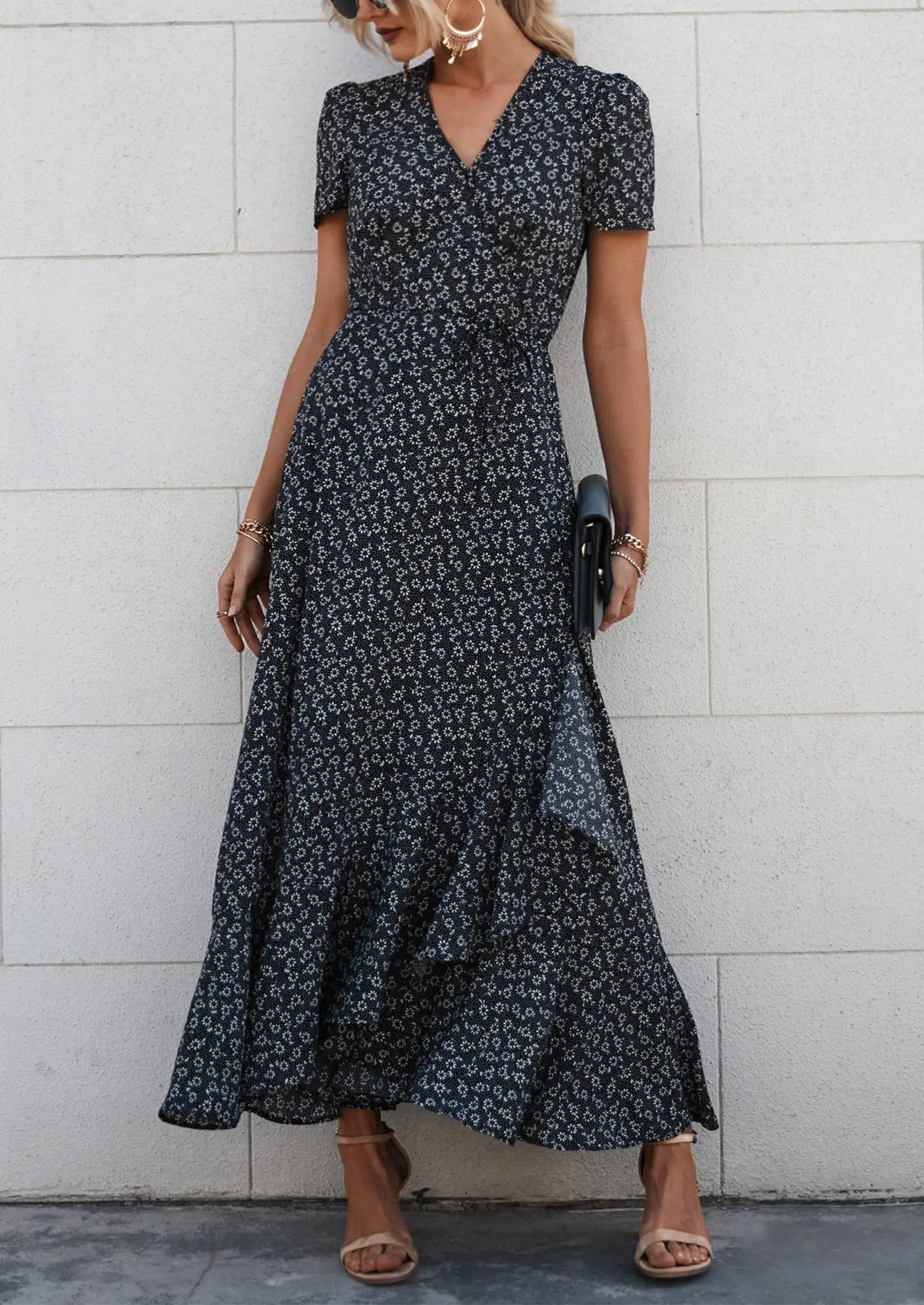 PRETTYGARDEN Women's Summer Maxi Dress Casual Wrap Floral Boho Short Sleeve V Neck Split Ruffle Beach Long Dresses PRETTYGARDEN