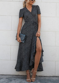 PRETTYGARDEN Women's Summer Maxi Dress Casual Wrap Floral Boho Short Sleeve V Neck Split Ruffle Beach Long Dresses PRETTYGARDEN