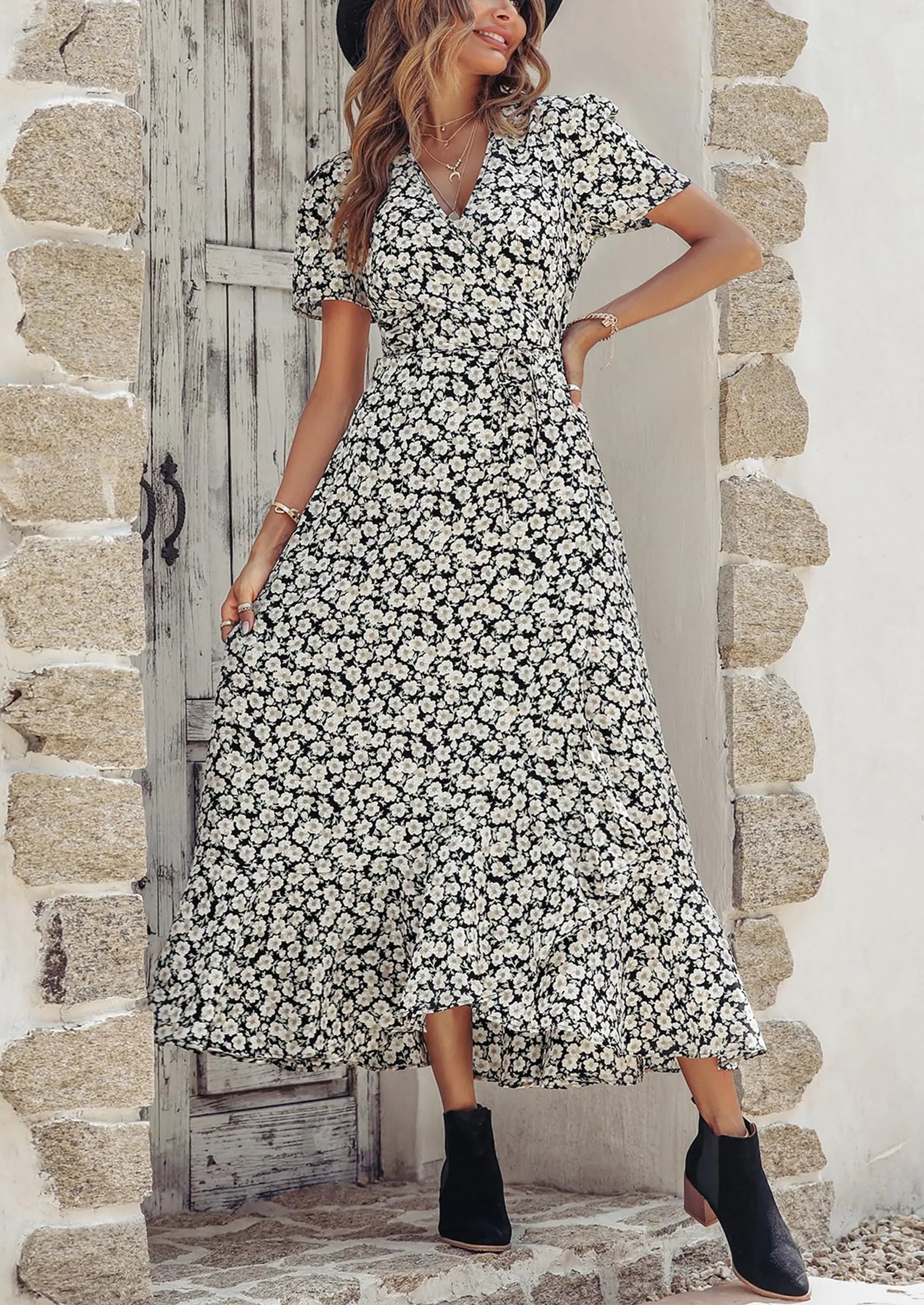 PRETTYGARDEN Women's Summer Maxi Dress Casual Wrap Floral Boho Short Sleeve V Neck Split Ruffle Beach Long Dresses PRETTYGARDEN