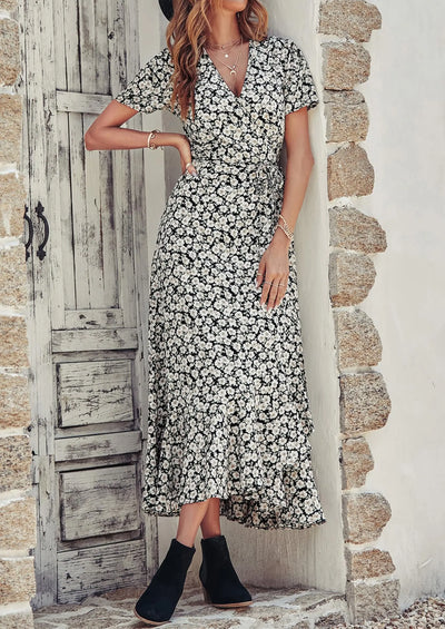 PRETTYGARDEN Women's Summer Maxi Dress Casual Wrap Floral Boho Short Sleeve V Neck Split Ruffle Beach Long Dresses PRETTYGARDEN