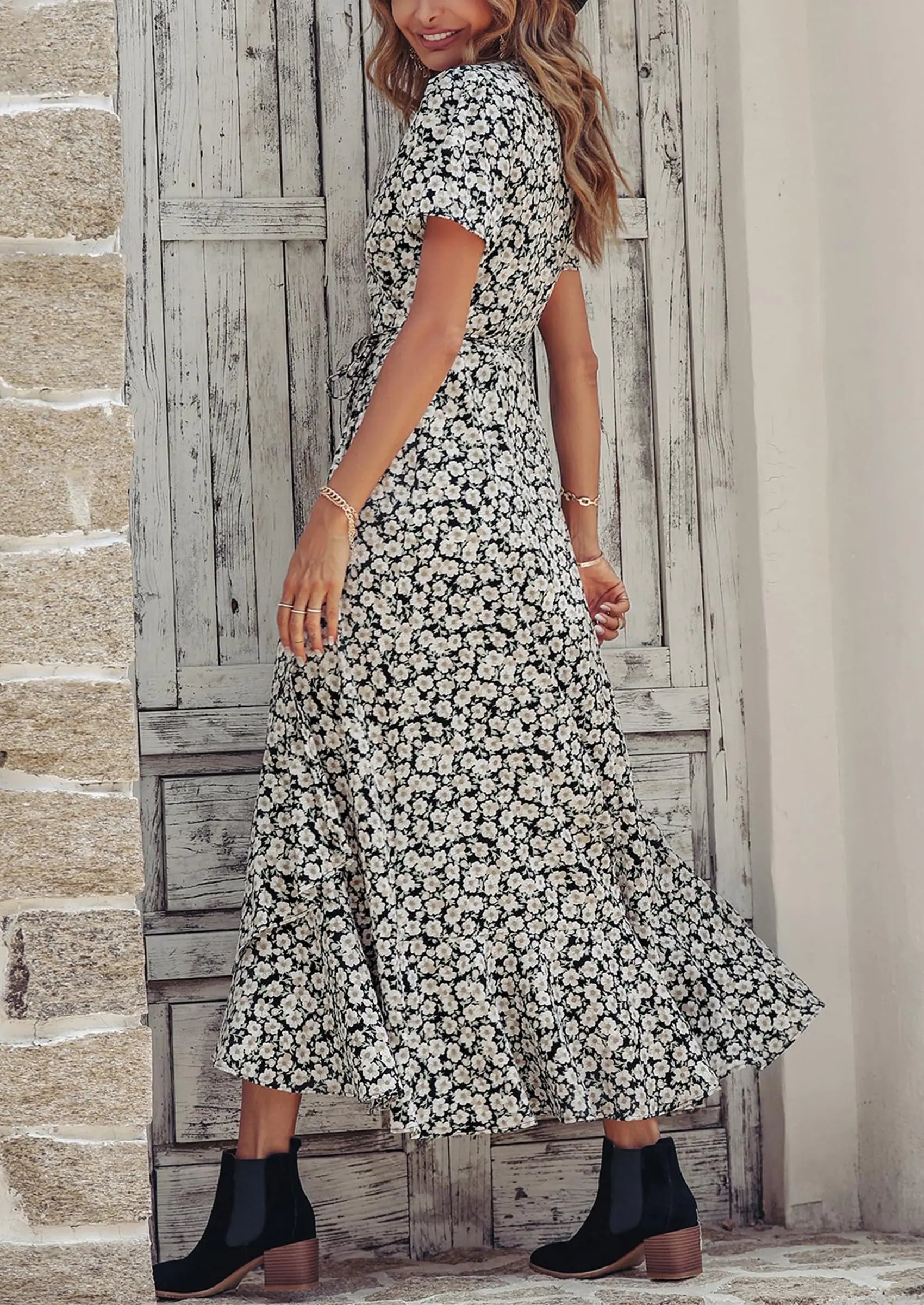 PRETTYGARDEN Women's Summer Maxi Dress Casual Wrap Floral Boho Short Sleeve V Neck Split Ruffle Beach Long Dresses PRETTYGARDEN