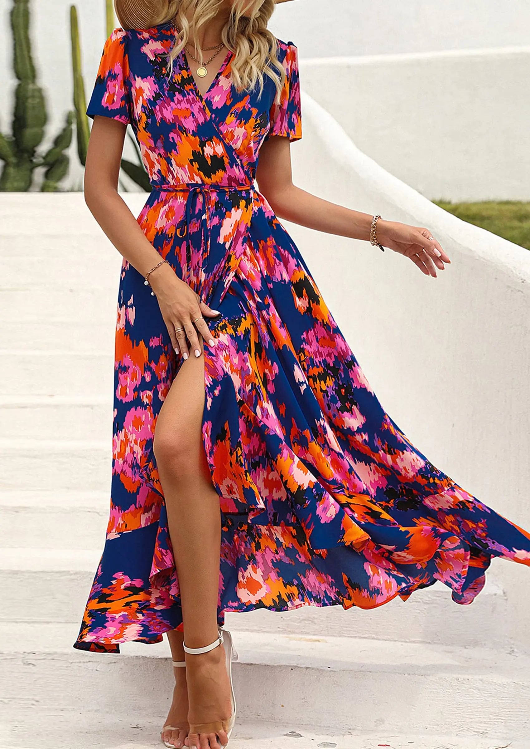 PRETTYGARDEN Women's Summer Maxi Dress Casual Wrap Floral Boho Short Sleeve V Neck Split Ruffle Beach Long Dresses PRETTYGARDEN