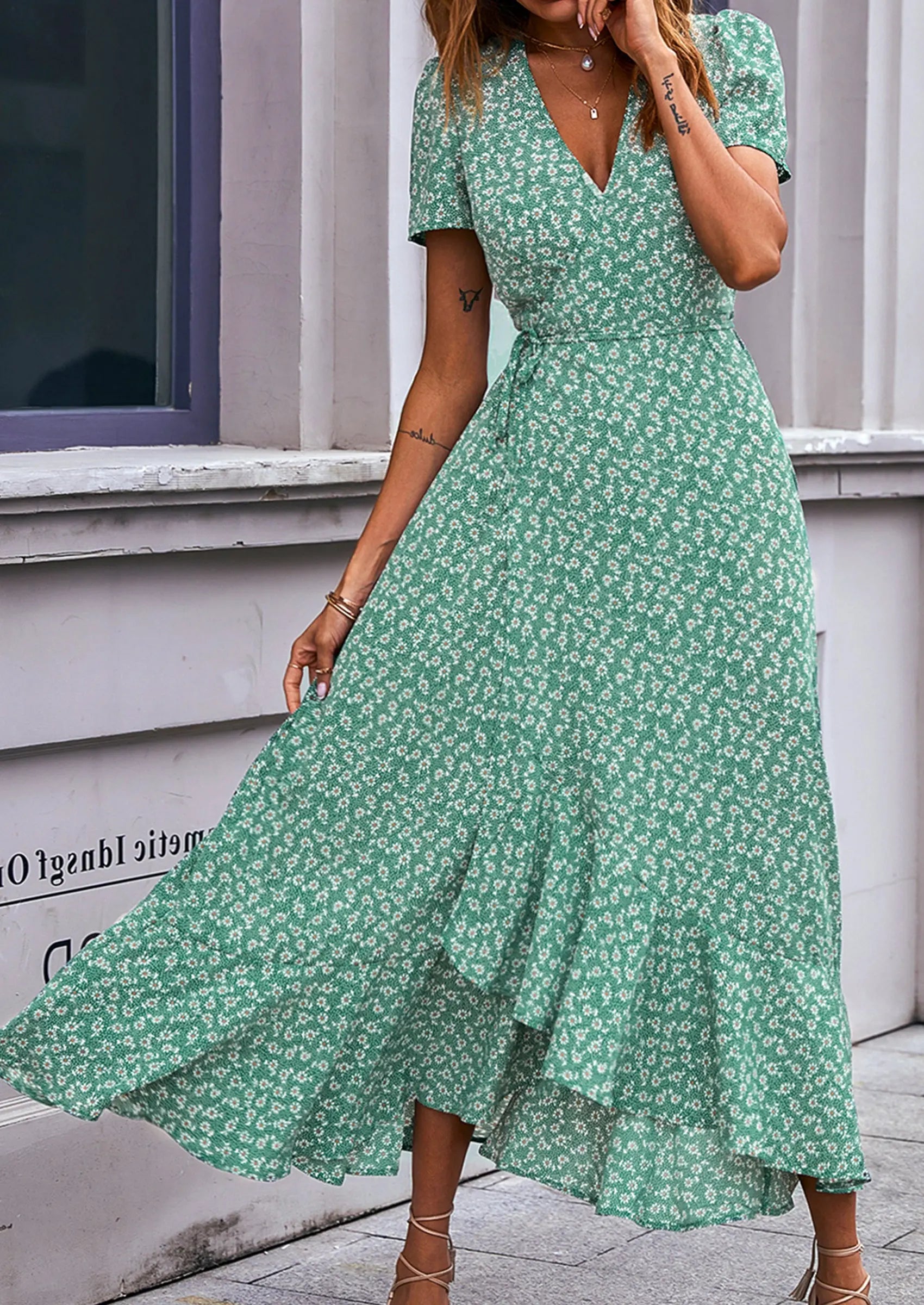 PRETTYGARDEN Women's Summer Maxi Dress Casual Wrap Floral Boho Short Sleeve V Neck Split Ruffle Beach Long Dresses PRETTYGARDEN