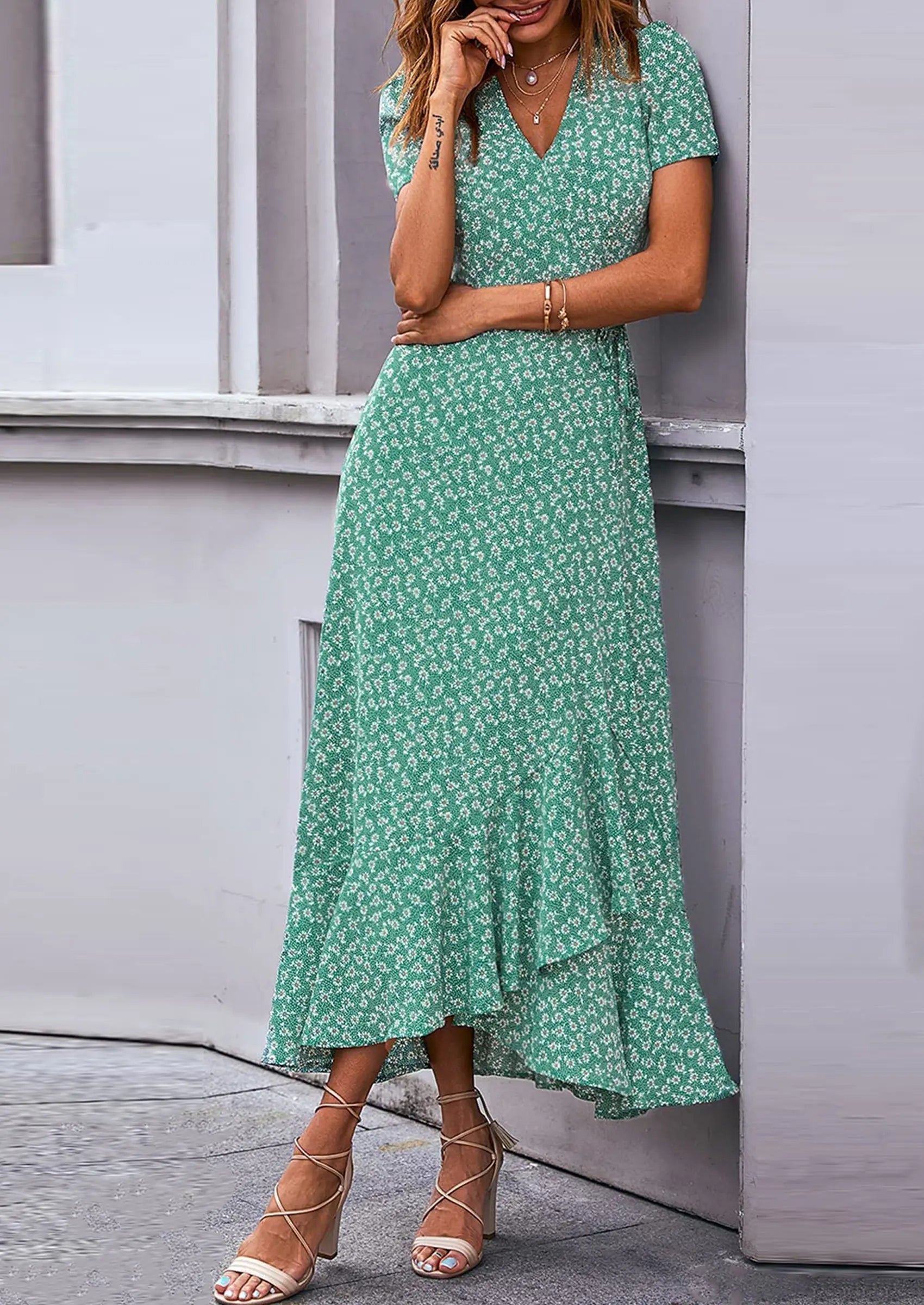 PRETTYGARDEN Women's Summer Maxi Dress Casual Wrap Floral Boho Short Sleeve V Neck Split Ruffle Beach Long Dresses PRETTYGARDEN