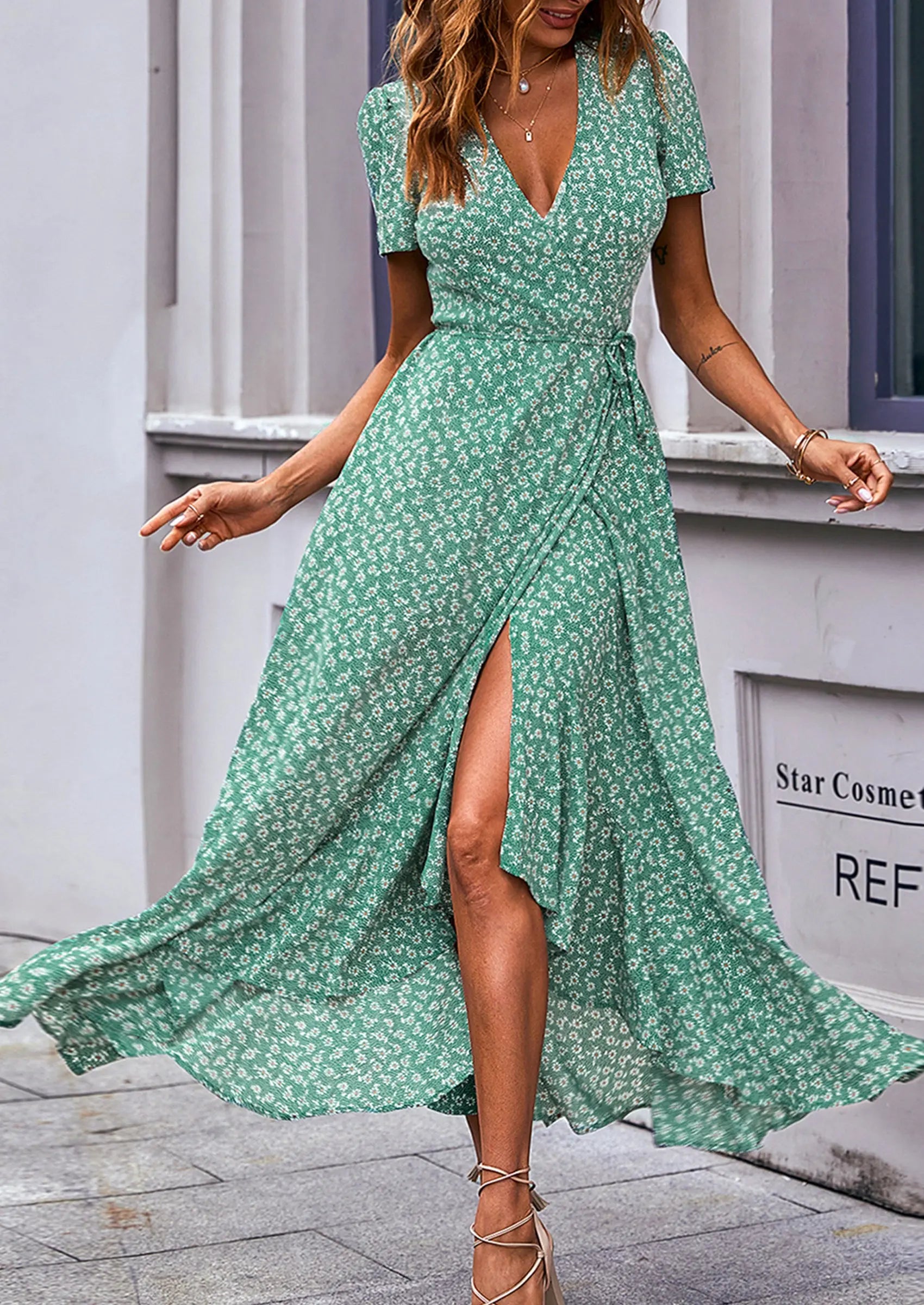 PRETTYGARDEN Women's Summer Maxi Dress Casual Wrap Floral Boho Short Sleeve V Neck Split Ruffle Beach Long Dresses PRETTYGARDEN