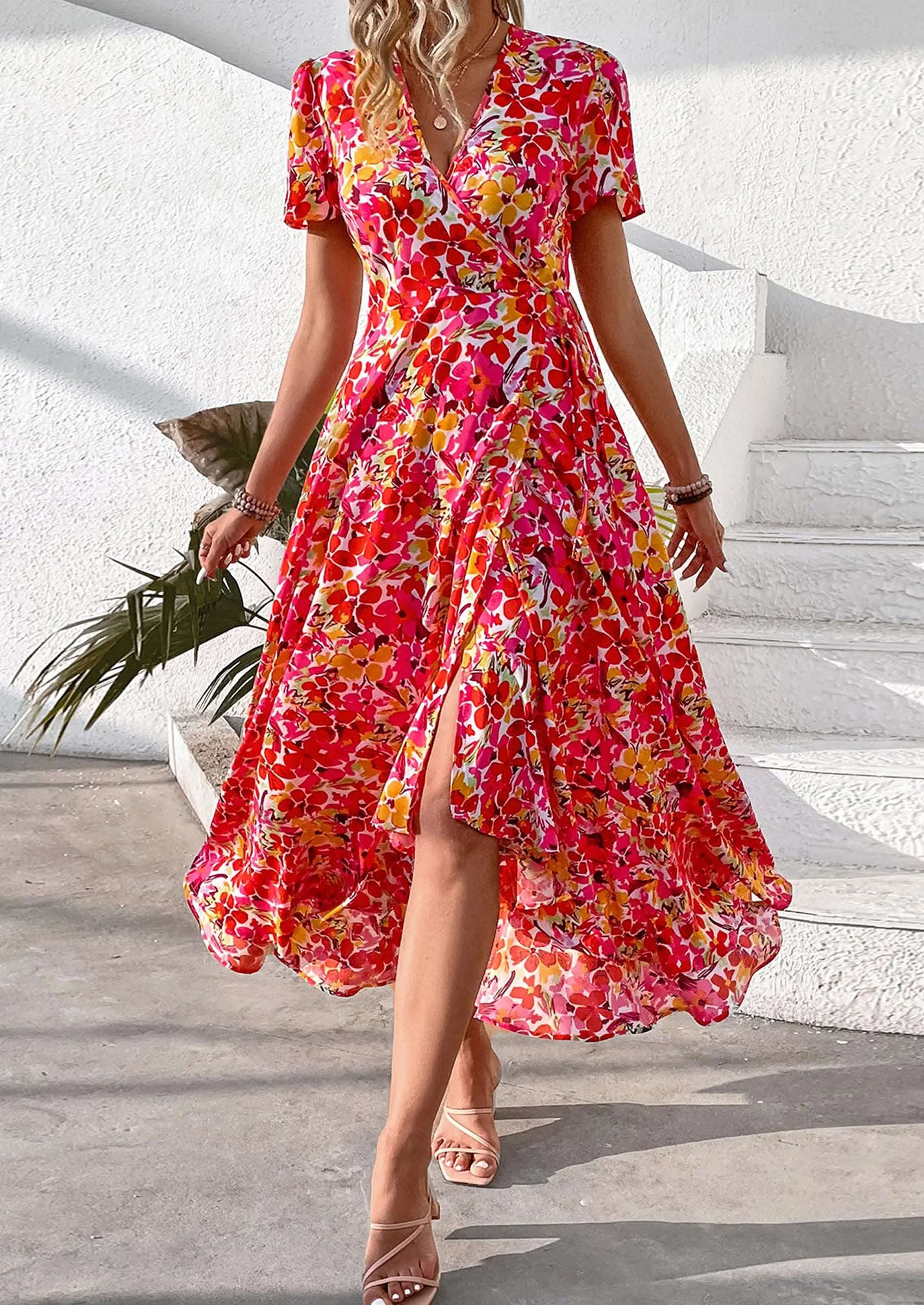 PRETTYGARDEN Women's Summer Maxi Dress Casual Wrap Floral Boho Short Sleeve V Neck Split Ruffle Beach Long Dresses PRETTYGARDEN