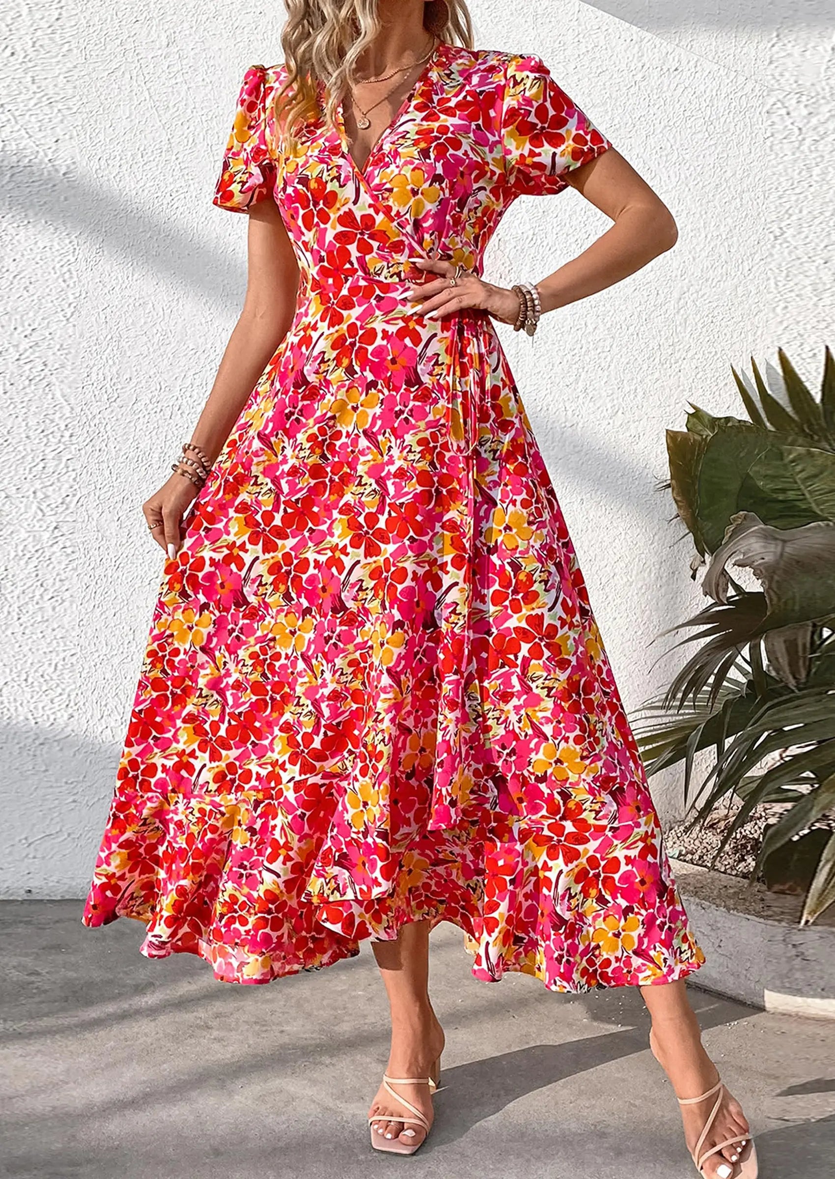 PRETTYGARDEN Women's Summer Maxi Dress Casual Wrap Floral Boho Short Sleeve V Neck Split Ruffle Beach Long Dresses PRETTYGARDEN