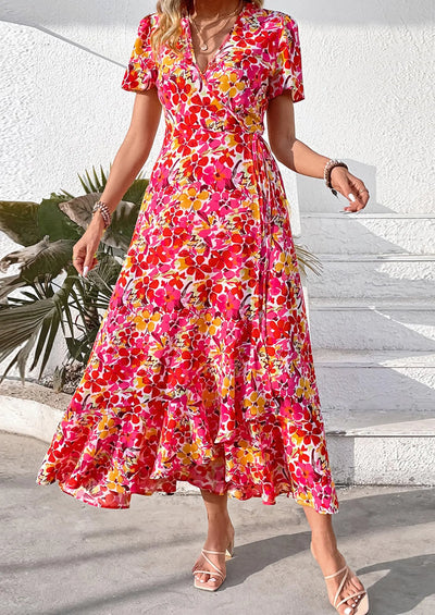 PRETTYGARDEN Women's Summer Maxi Dress Casual Wrap Floral Boho Short Sleeve V Neck Split Ruffle Beach Long Dresses PRETTYGARDEN