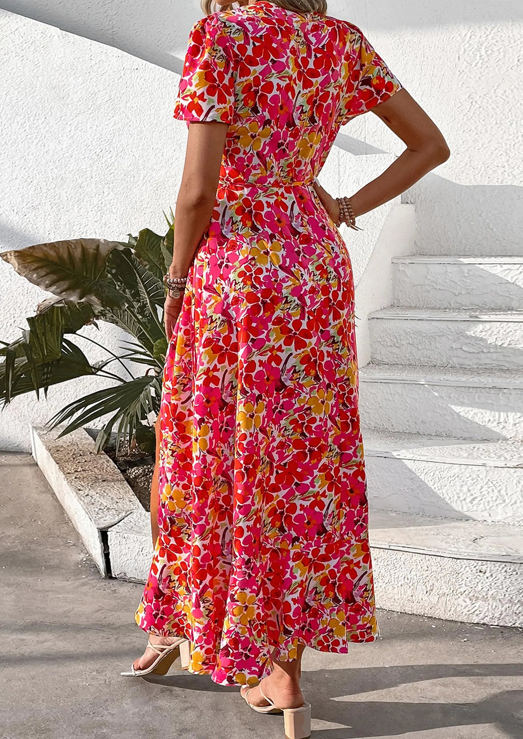 PRETTYGARDEN Women's Summer Maxi Dress Casual Wrap Floral Boho Short Sleeve V Neck Split Ruffle Beach Long Dresses PRETTYGARDEN