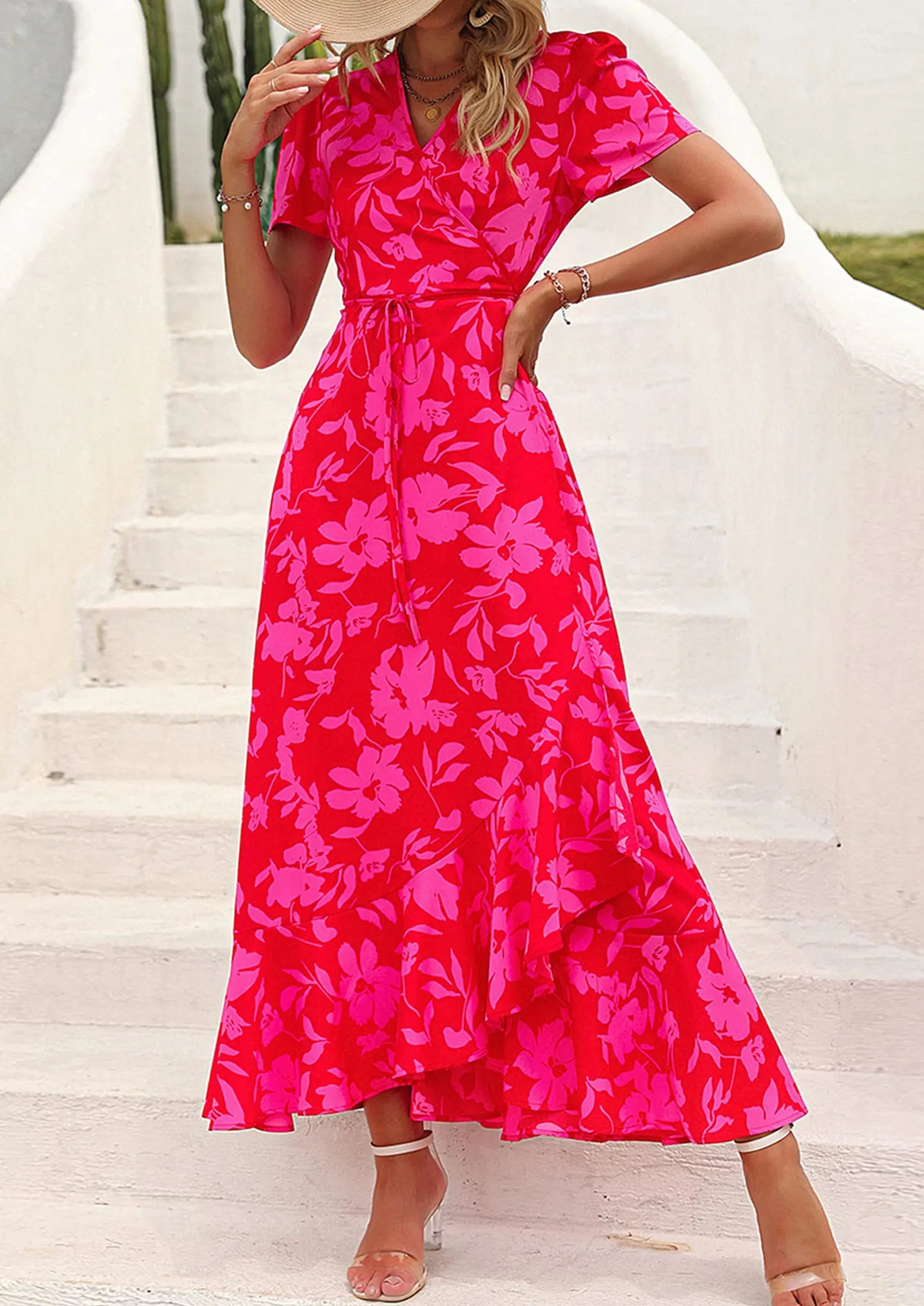 PRETTYGARDEN Women's Summer Maxi Dress Casual Wrap Floral Boho Short Sleeve V Neck Split Ruffle Beach Long Dresses PRETTYGARDEN