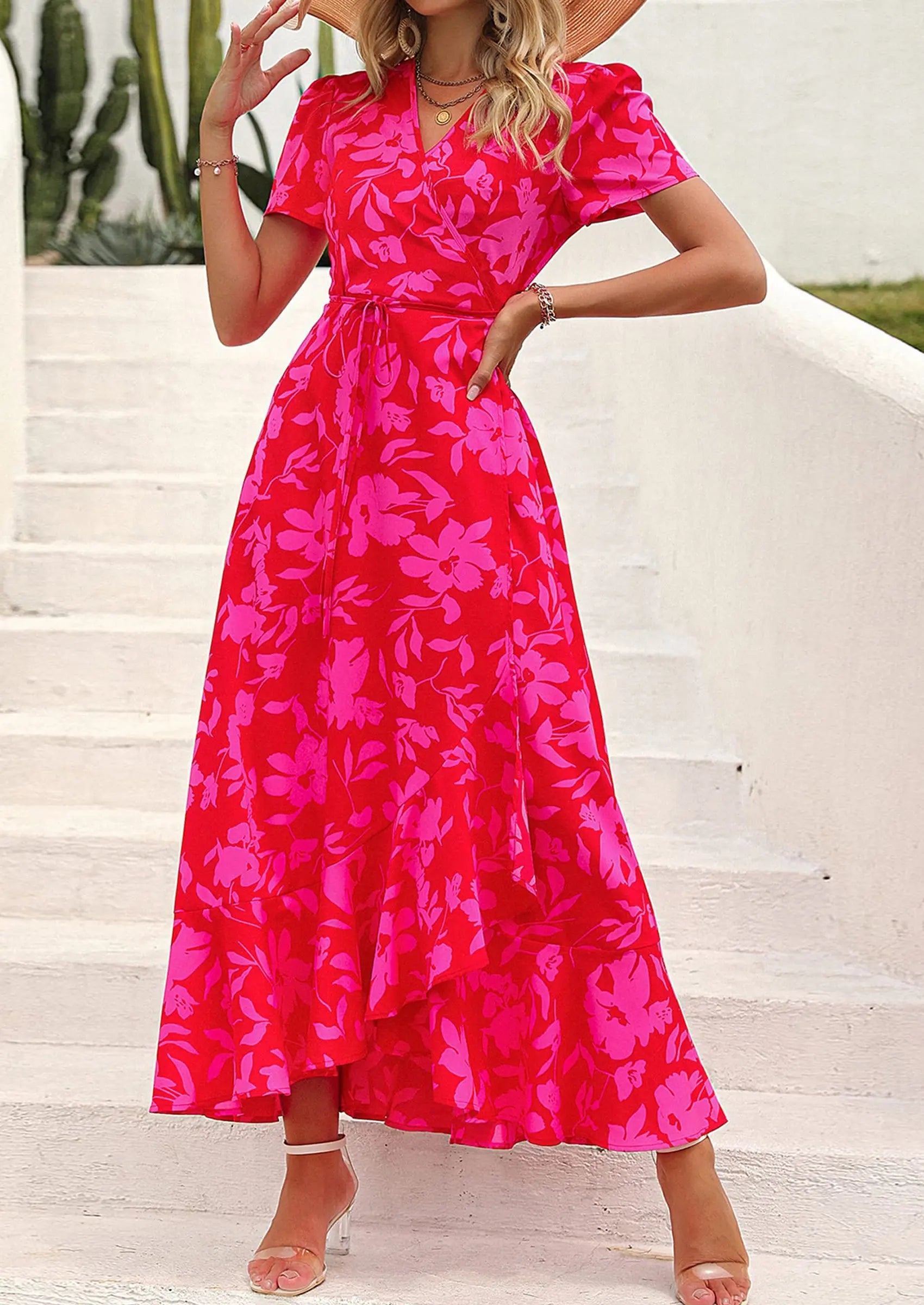 PRETTYGARDEN Women's Summer Maxi Dress Casual Wrap Floral Boho Short Sleeve V Neck Split Ruffle Beach Long Dresses PRETTYGARDEN