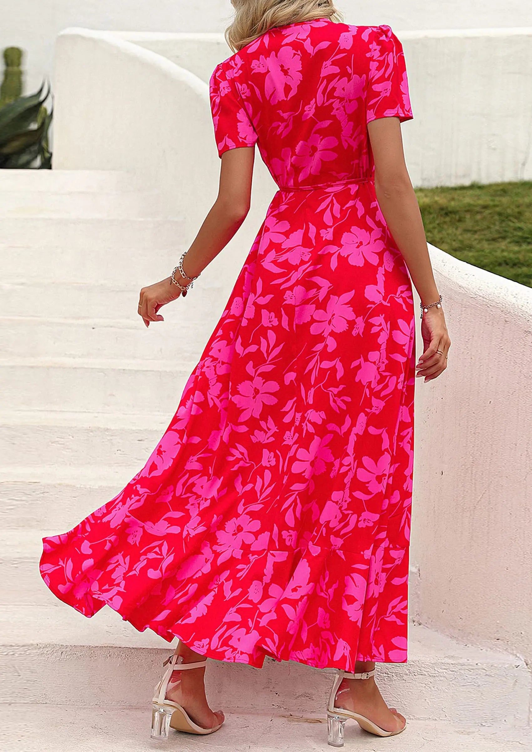 PRETTYGARDEN Women's Summer Maxi Dress Casual Wrap Floral Boho Short Sleeve V Neck Split Ruffle Beach Long Dresses PRETTYGARDEN