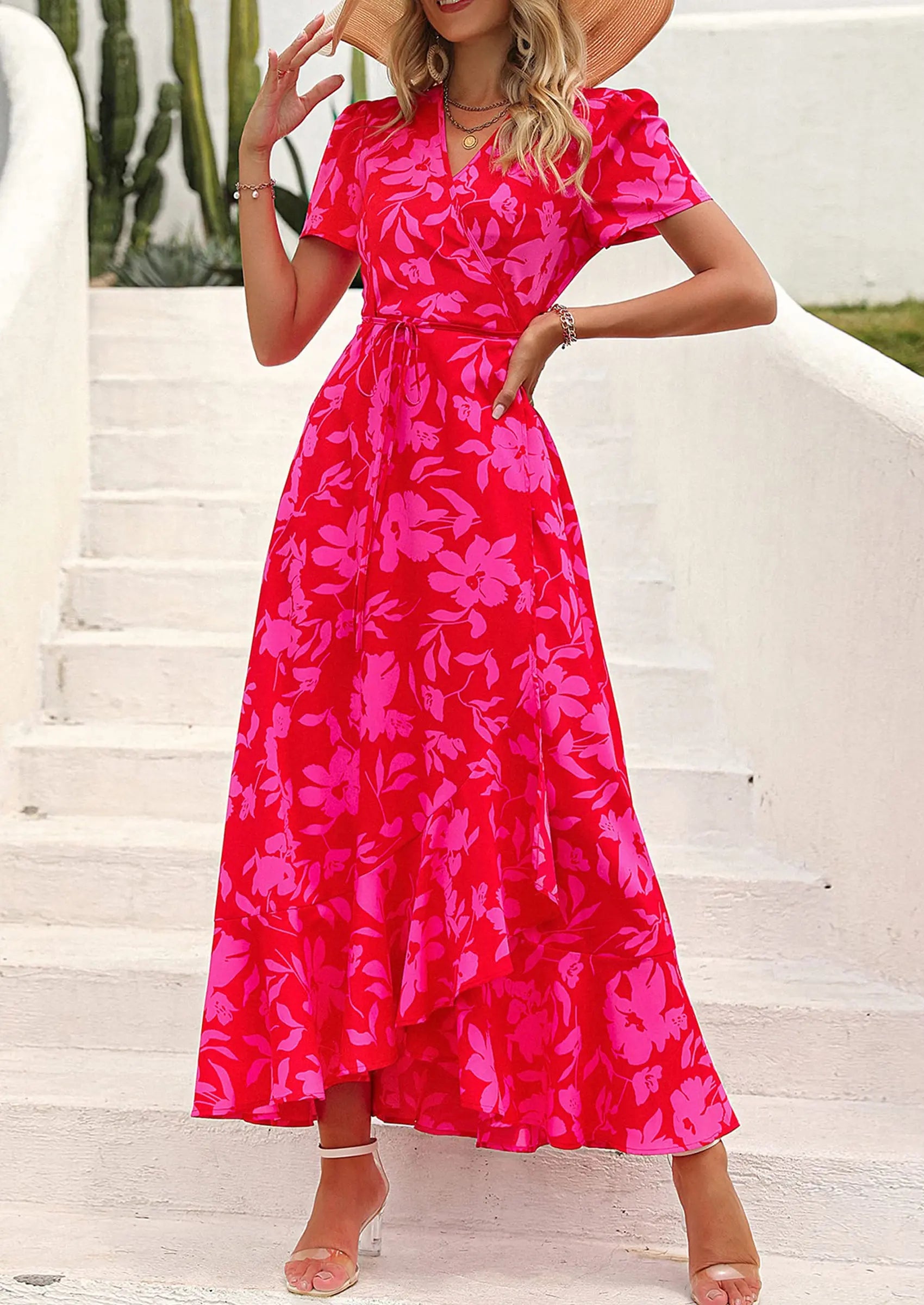 PRETTYGARDEN Women's Summer Maxi Dress Casual Wrap Floral Boho Short Sleeve V Neck Split Ruffle Beach Long Dresses PRETTYGARDEN