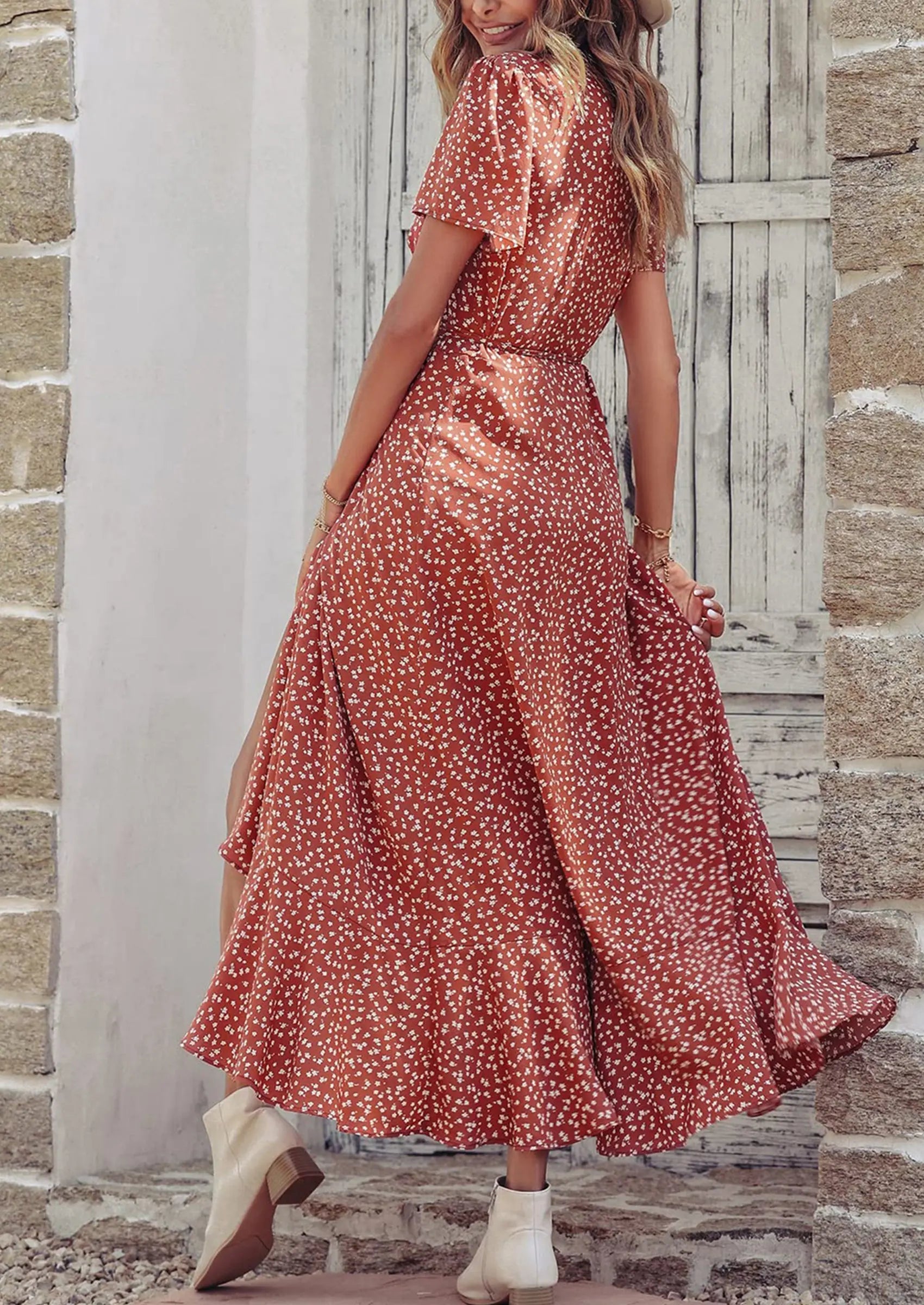 PRETTYGARDEN Women's Summer Maxi Dress Casual Wrap Floral Boho Short Sleeve V Neck Split Ruffle Beach Long Dresses PRETTYGARDEN