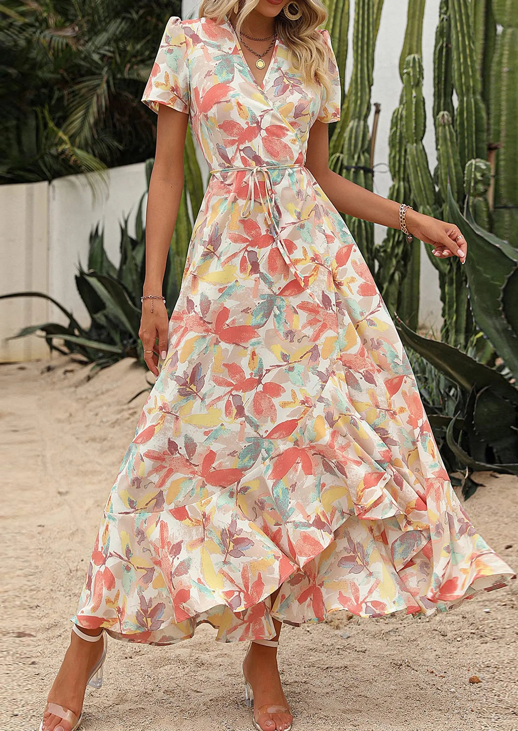 PRETTYGARDEN Women's Summer Maxi Dress Casual Wrap Floral Boho Short Sleeve V Neck Split Ruffle Beach Long Dresses PRETTYGARDEN