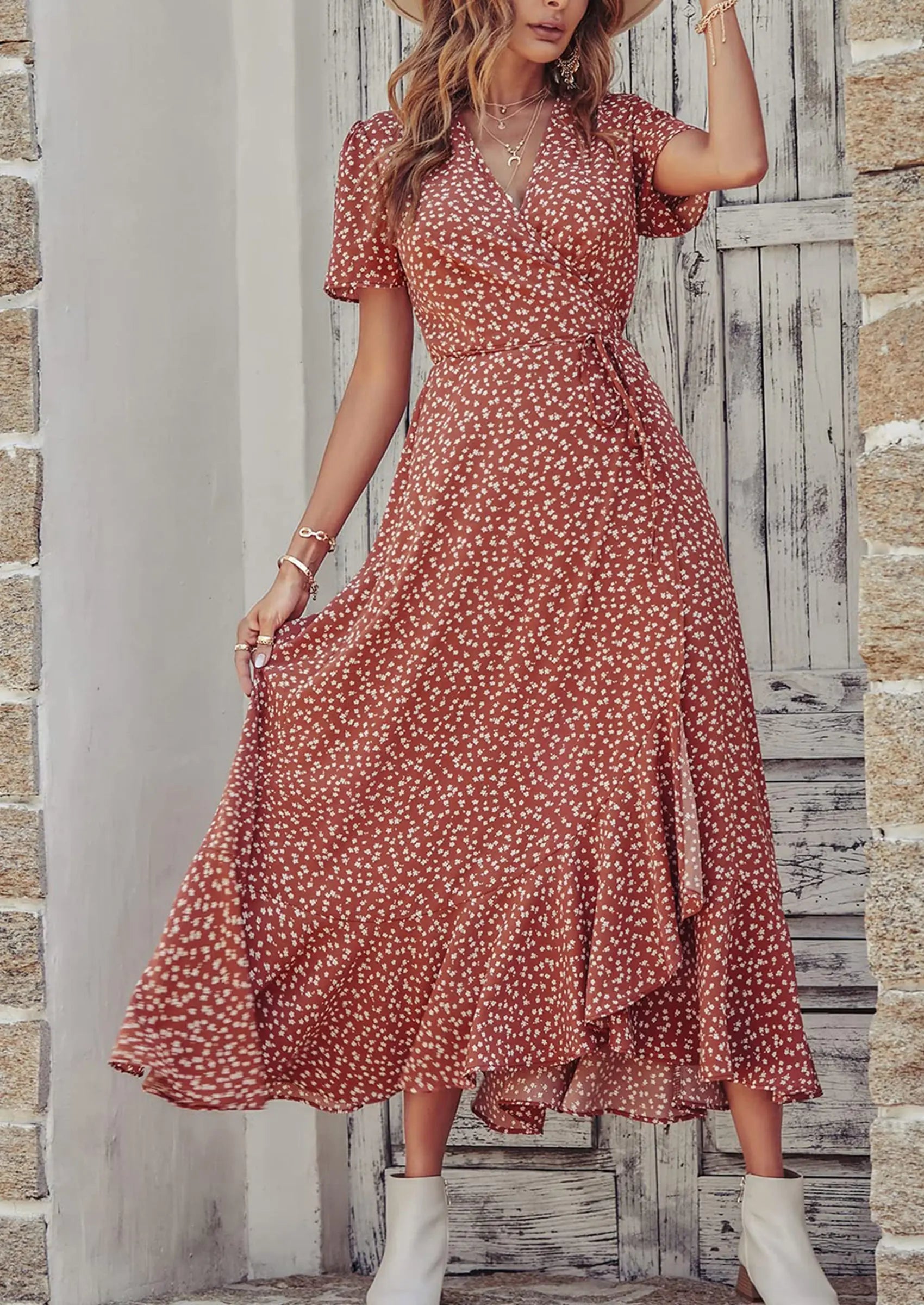 PRETTYGARDEN Women's Summer Maxi Dress Casual Wrap Floral Boho Short Sleeve V Neck Split Ruffle Beach Long Dresses PRETTYGARDEN