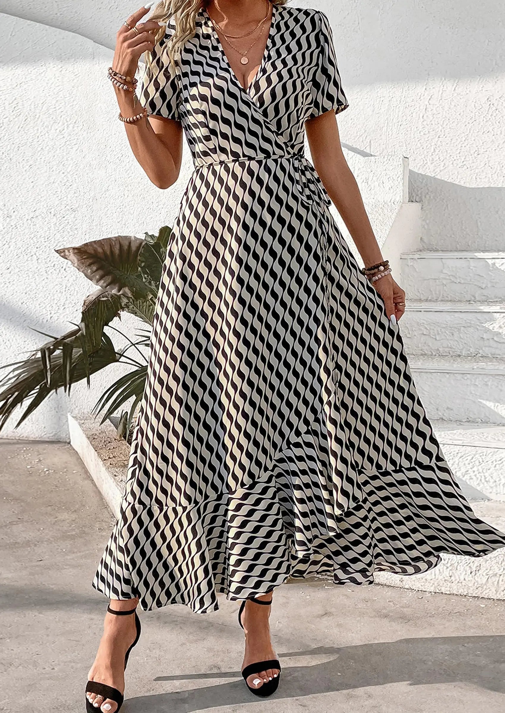 PRETTYGARDEN Women's Summer Maxi Dress Casual Wrap Floral Boho Short Sleeve V Neck Split Ruffle Beach Long Dresses PRETTYGARDEN