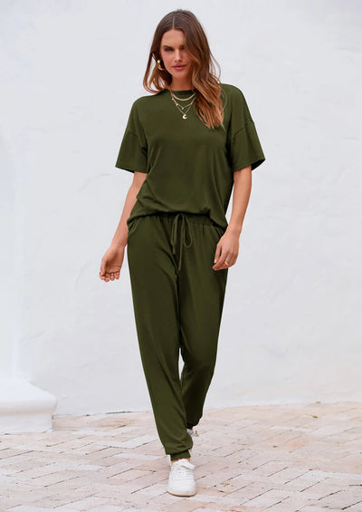 PRETTYGARDEN Women's Two Piece Lounge Sets Spring Summer Jogger Pants Vacation Outfits Travel Airplane Matching Clothes PRETTYGARDEN
