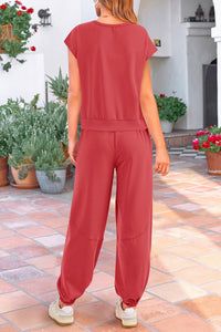 Casual Cap Sleeve Tops High Waist Pants Set