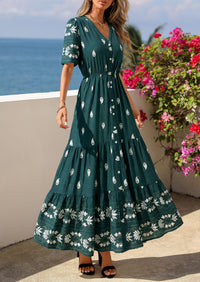 PRETTYGARDEN Womens Summer Boho Maxi Dress Trendy Short Sleeve V Neck Flowy Beach Floral Dresses with Pockets PRETTYGARDEN