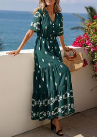 PRETTYGARDEN Womens Summer Boho Maxi Dress Trendy Short Sleeve V Neck Flowy Beach Floral Dresses with Pockets PRETTYGARDEN