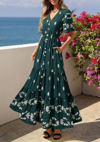 PRETTYGARDEN Womens Summer Boho Maxi Dress Trendy Short Sleeve V Neck Flowy Beach Floral Dresses with Pockets PRETTYGARDEN