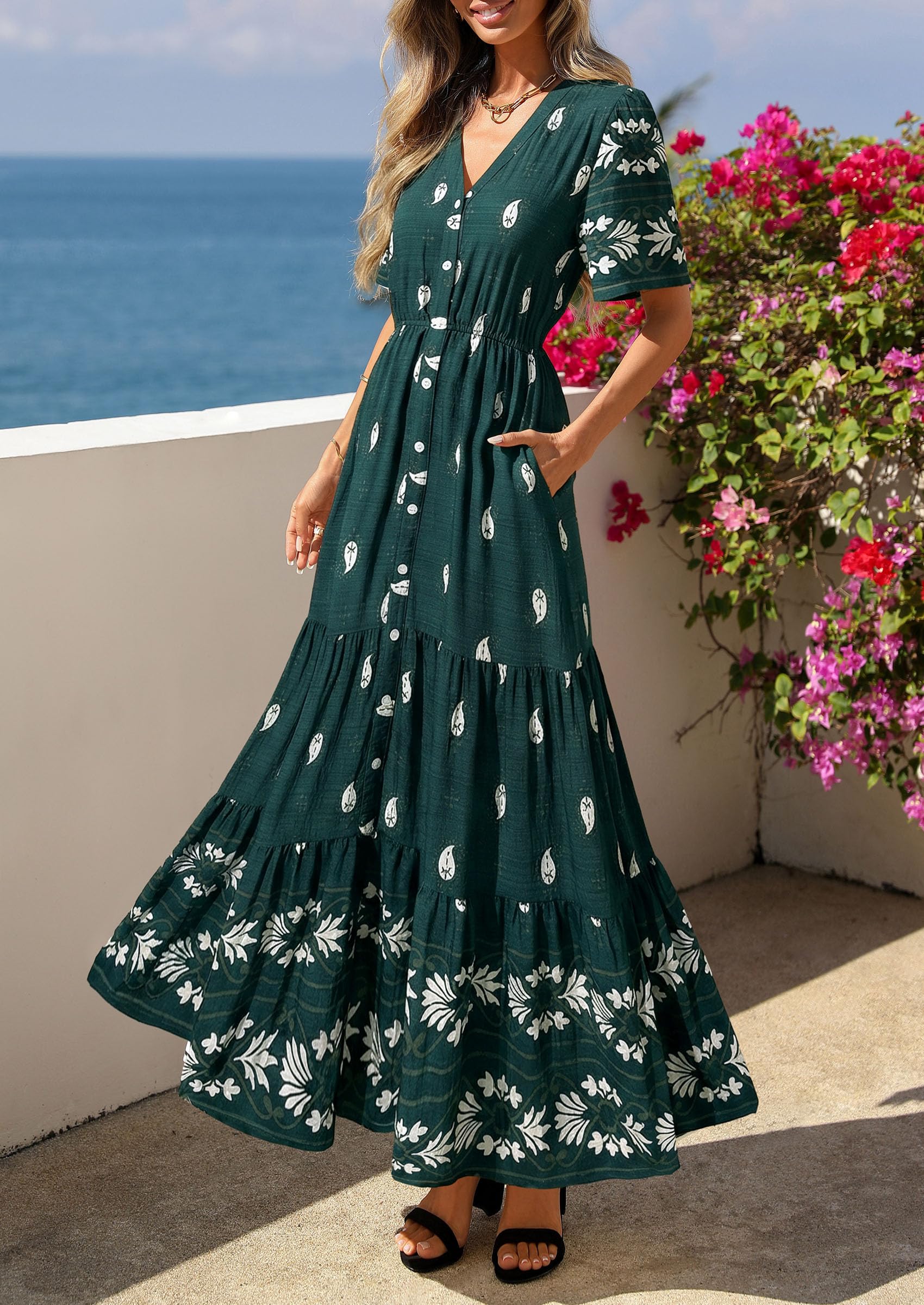 PRETTYGARDEN Womens Summer Boho Maxi Dress Trendy Short Sleeve V Neck Flowy Beach Floral Dresses with Pockets PRETTYGARDEN